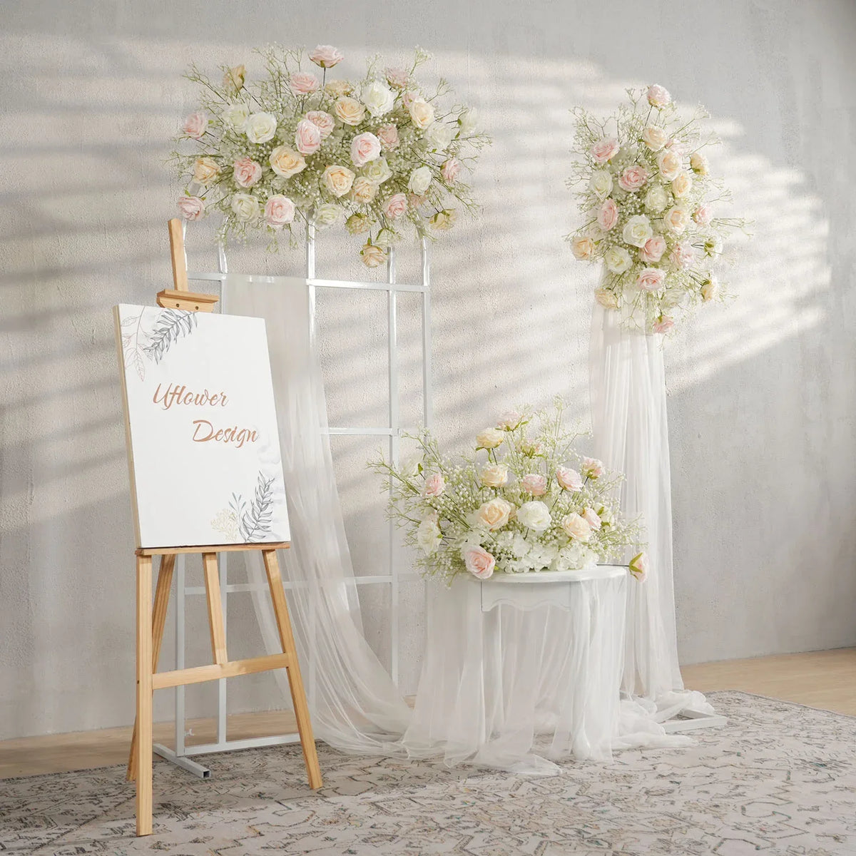 Uflower Champagne White Babysbreath Rose Arrangement Wedding KT Backdrop Decor SET80131 - Uflower