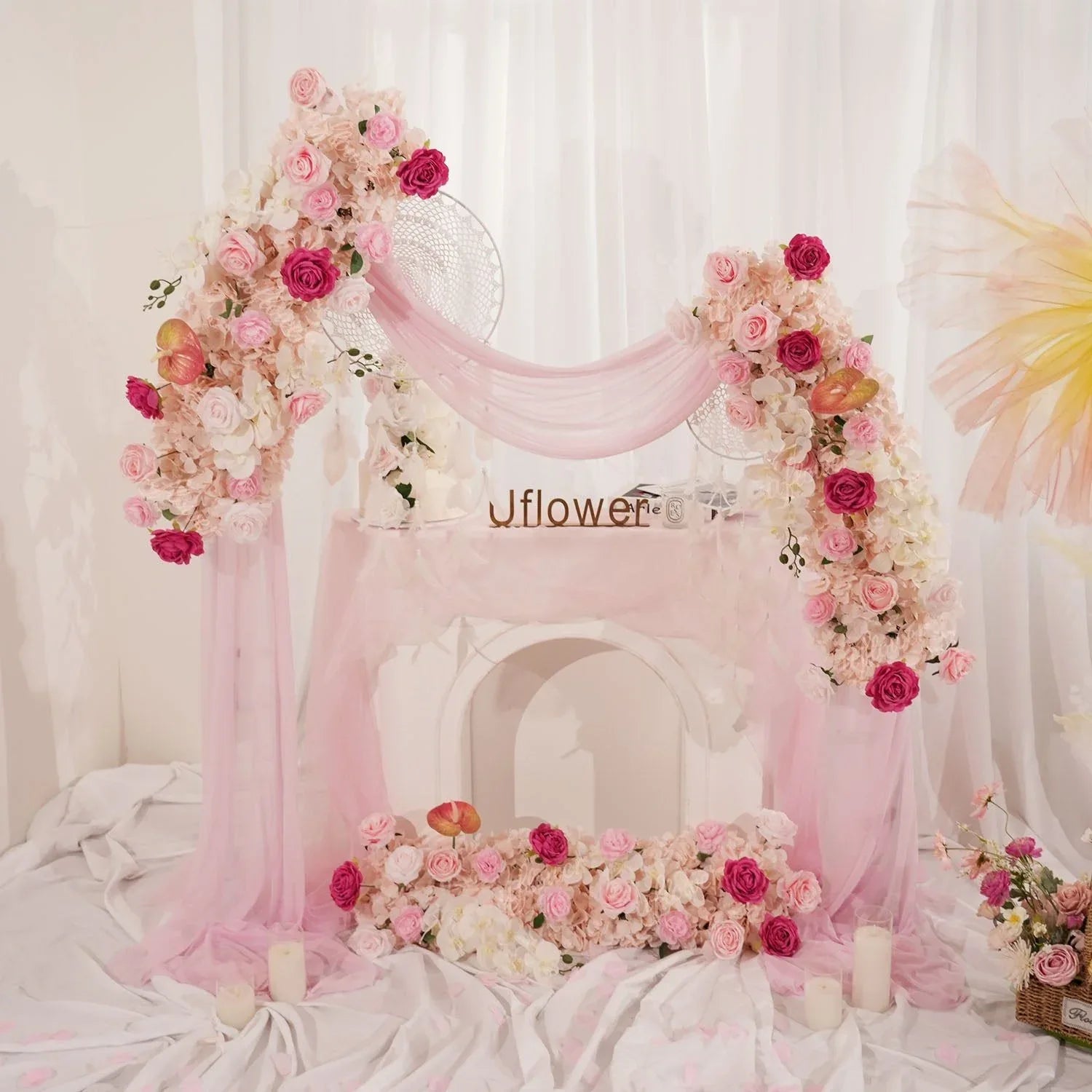 Uflower Pink Floral Arrangement Wedding Arch Backdrop Party Flower Row Decor SET80169 - Uflower