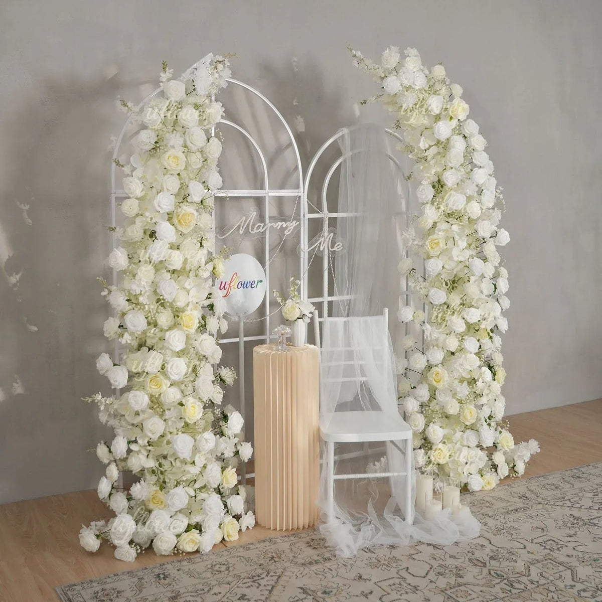 Uflower White Rose Horn Arch Floral Arrangement Wedding Backdrop Decor SET80162 - Uflower