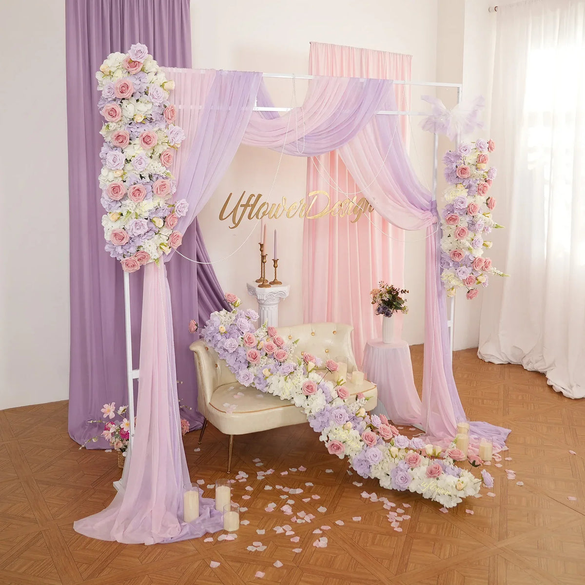 Uflower Purple Pink Floral Arrangement Wedding Arch Backdrop Party Flower Row Decor SET80197 - Uflower