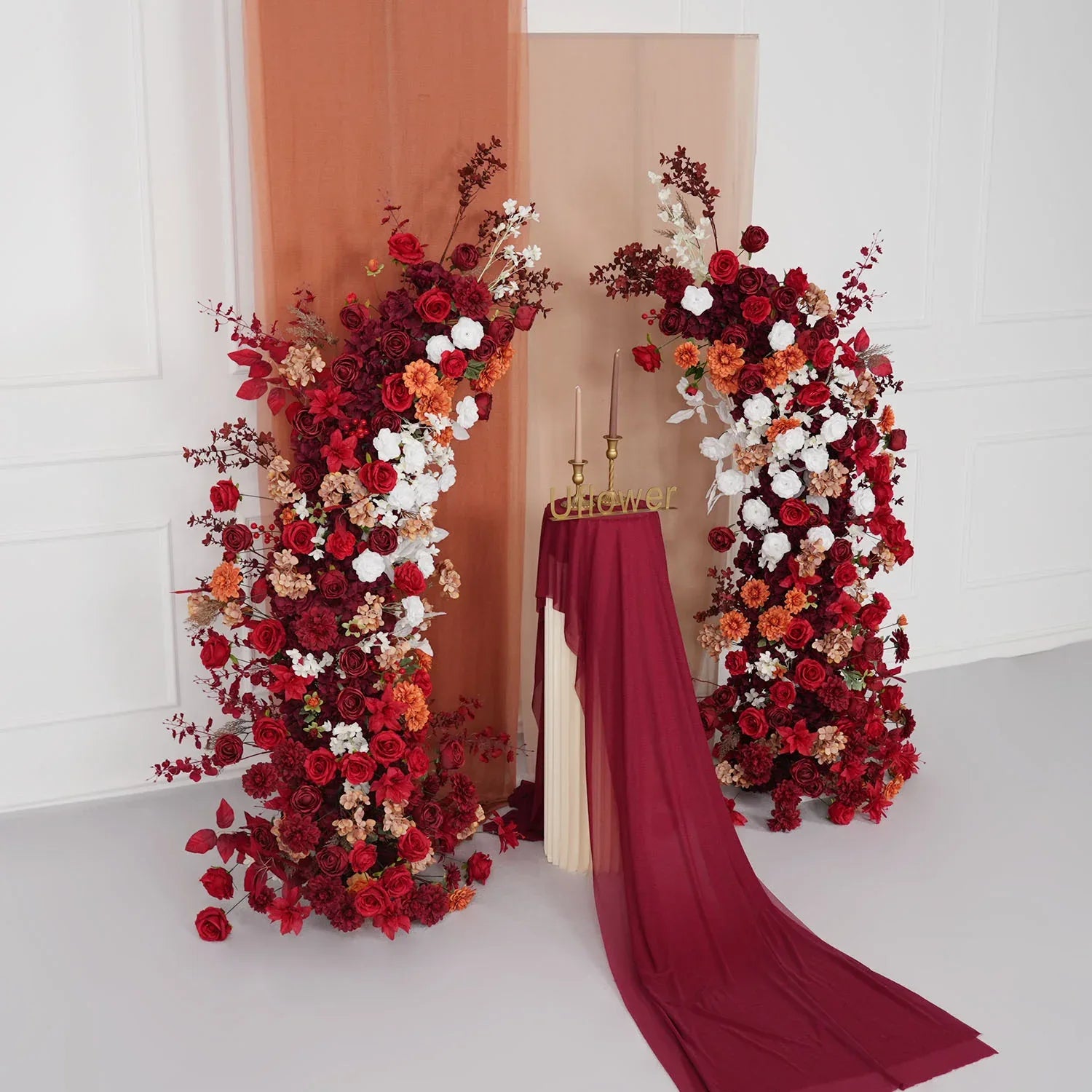 Uflower Autumn Red Rose Floral Arrangement Horn Arch Wedding Backdrop Decor SET80134 - Uflower