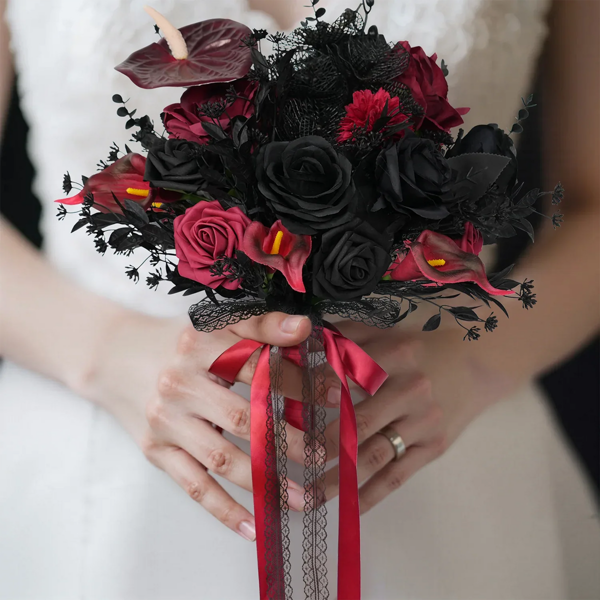 Uflower Black Burgundy Bride Bouquet Wrist Corsage Groom Boutonniere Set Wedding Event Supplies SET80080-11 - Uflower