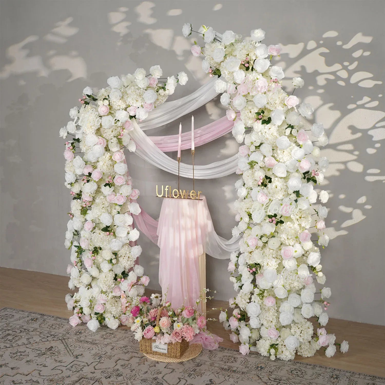 Uflower Pink White Rose Floral Horn Arch Wedding Party Backdrop Decor SET80143 - Uflower