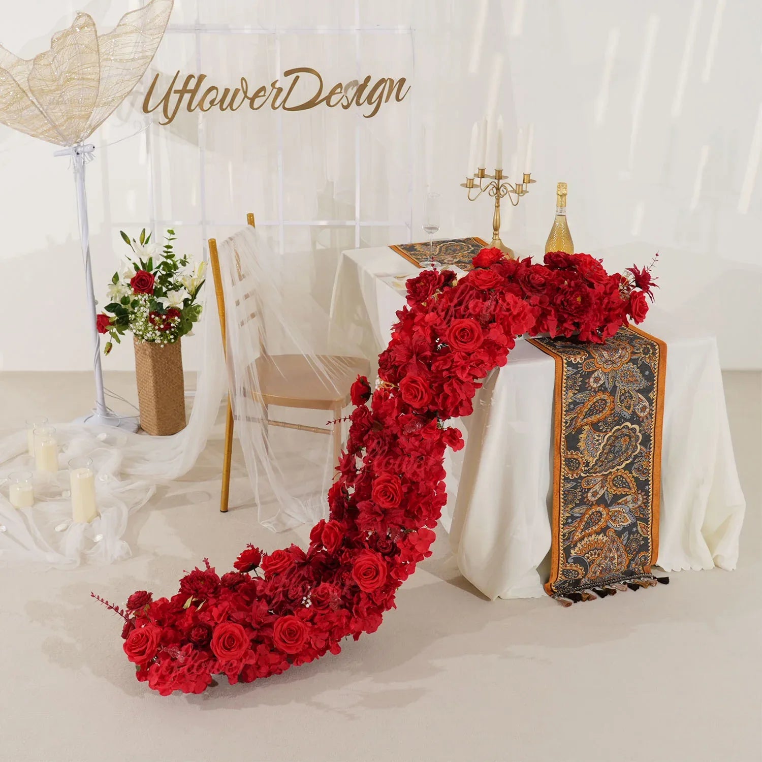 Uflower Artificial Red Rose Flower Row Wedding KT Backdrop Decor MC80075-03 - Uflower