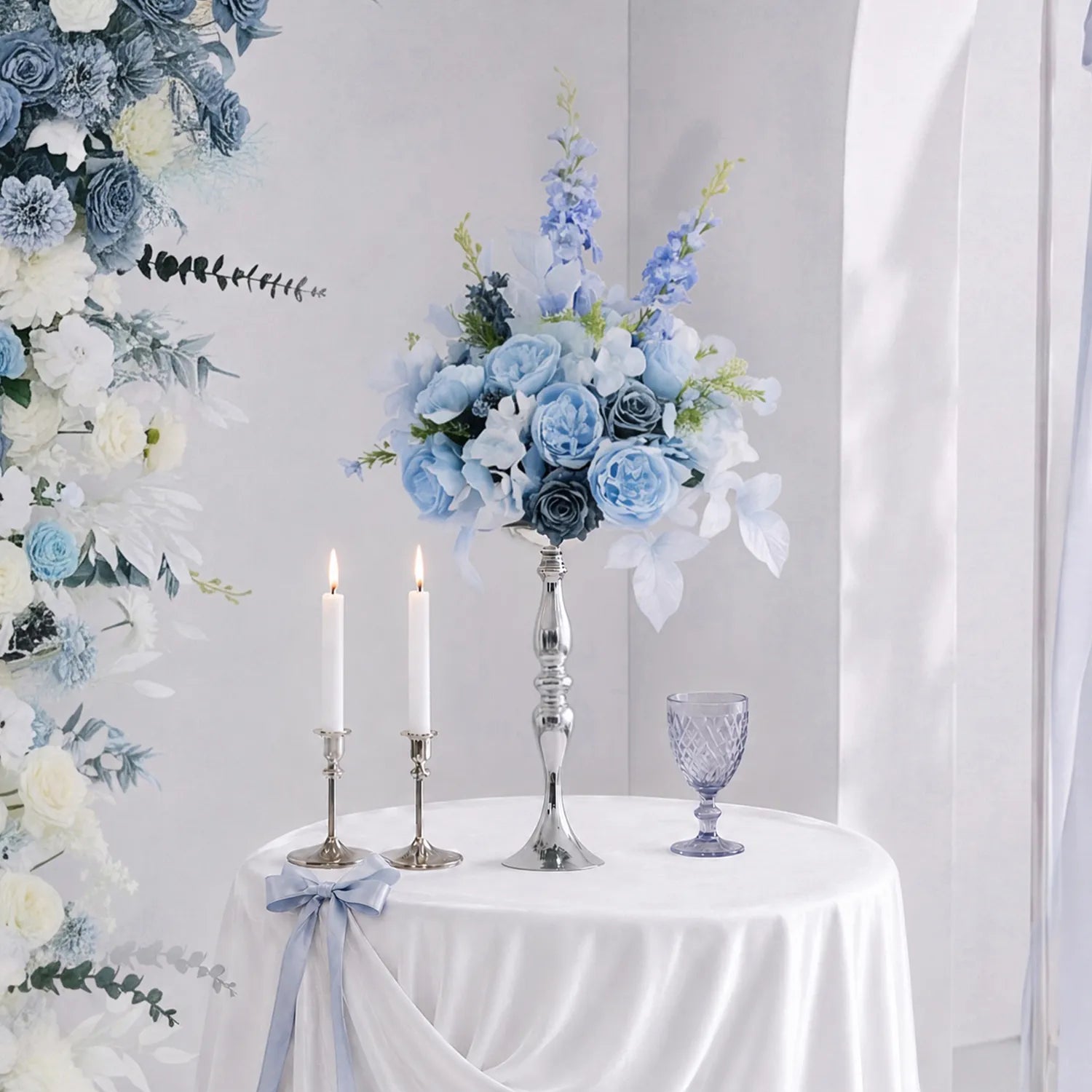 Blue Wedding Decor Set | Horn Arch, Aisle Flowers & Table Centerpieces