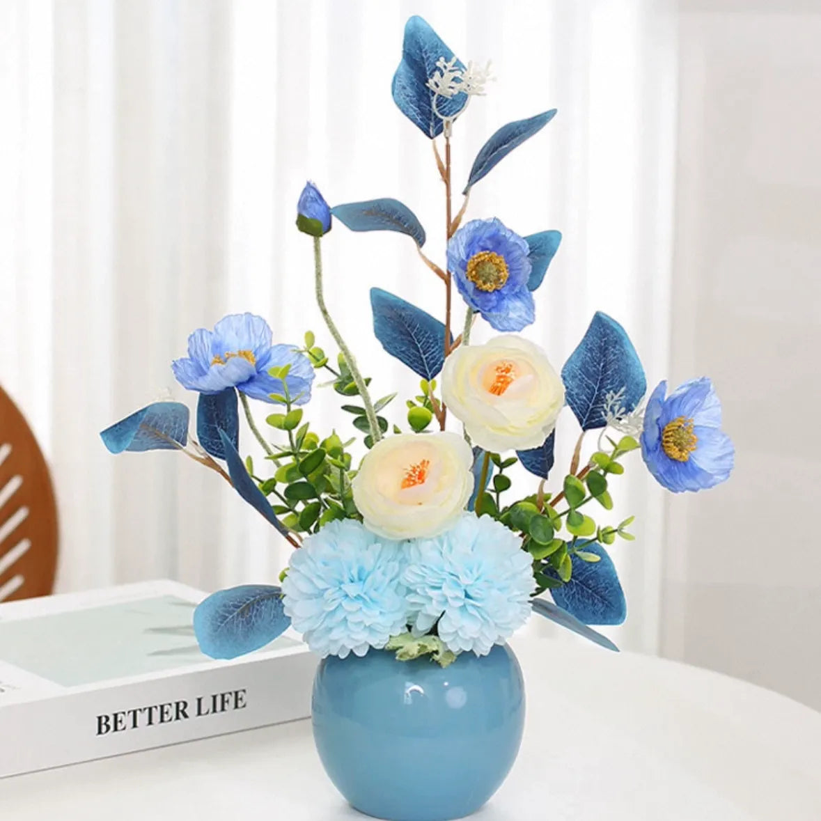 Uflower Blue Bottle Artificial Floral Arrangement Table Decor MH80002-01