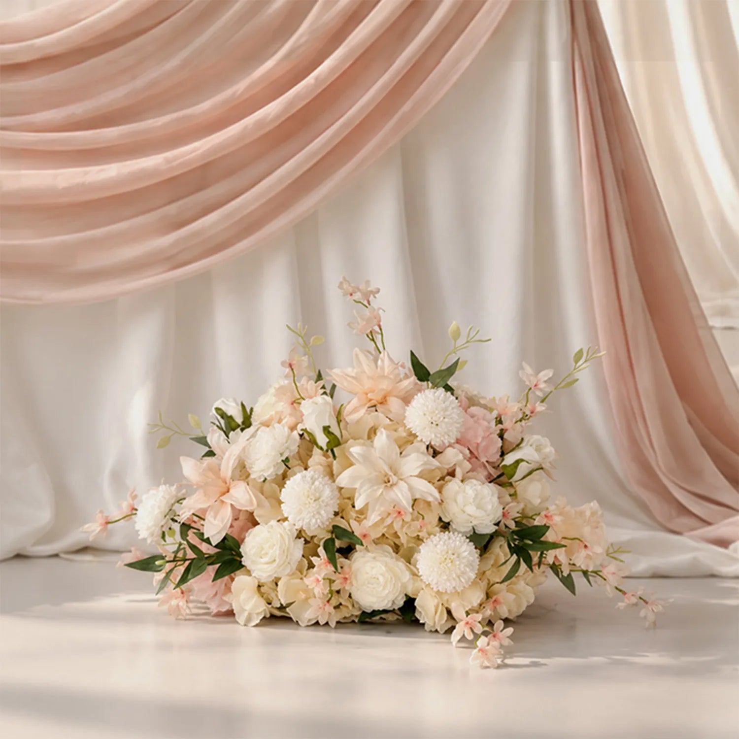 Soft Champagne & Pink Sweetheart Table Decor | One-Stop Floral Styling with Centerpiece & Ground Flowers