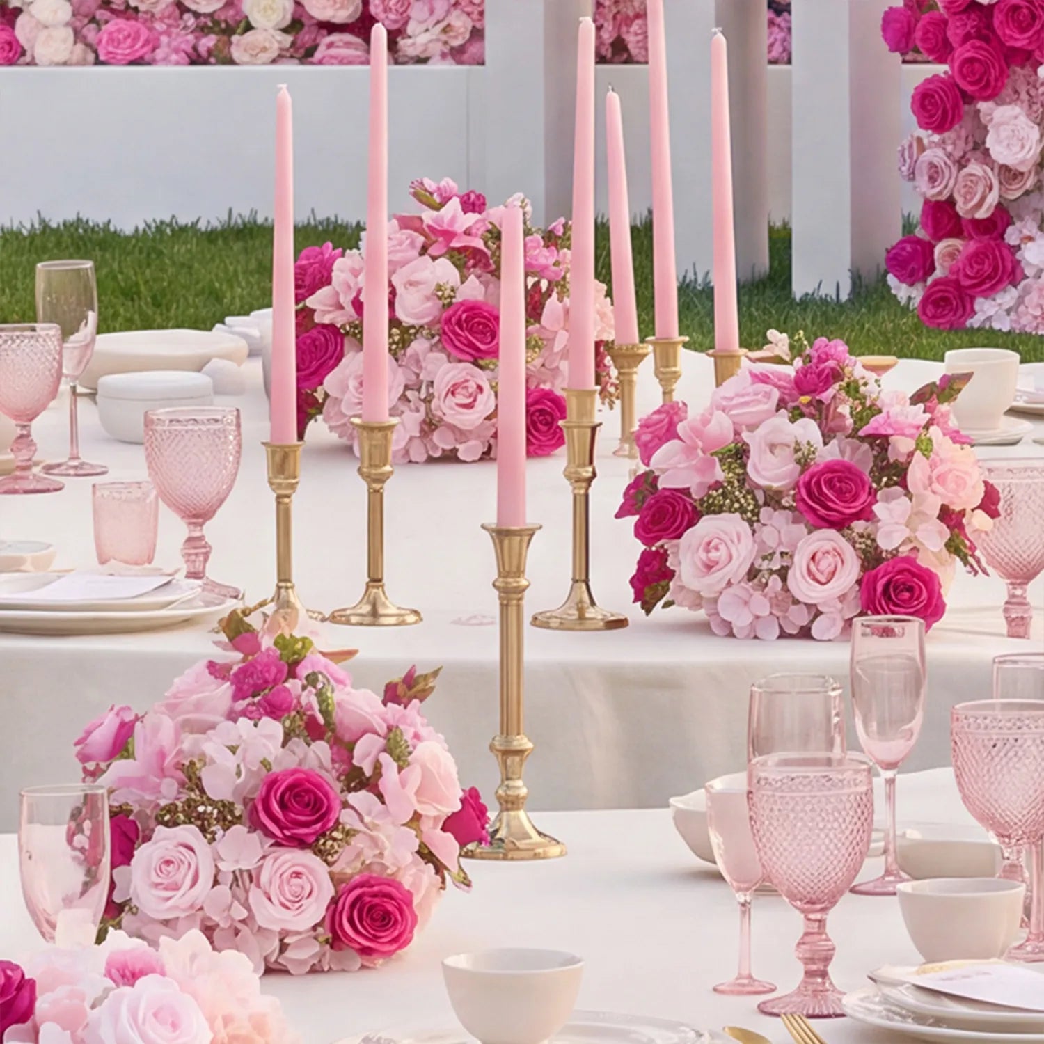 Pink & White Outdoor Wedding Decor | One-Stop Flower Wall, Flower Rows & Table Decor