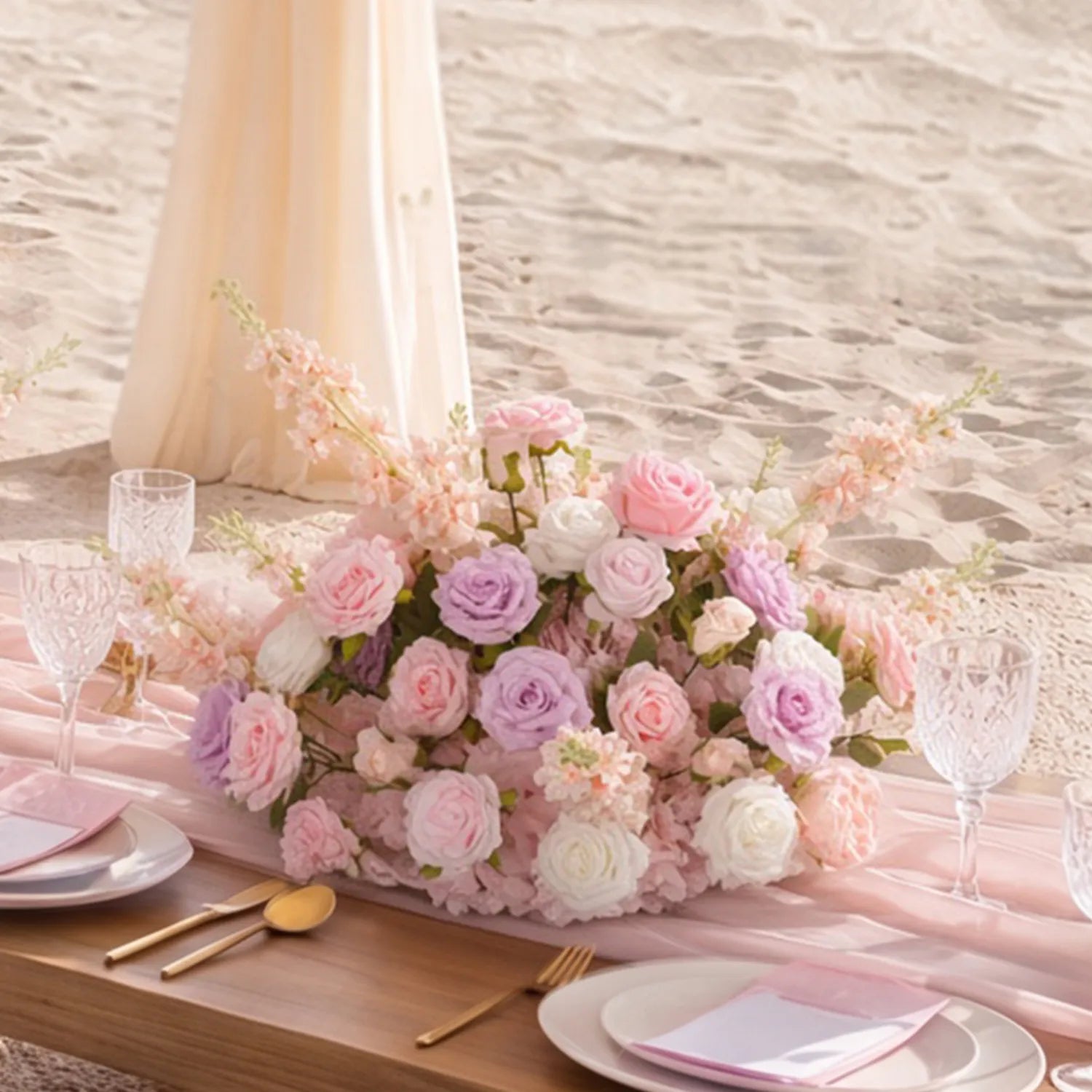 Romantic Pink Beach Wedding Decor | Ground Flowers & Table Flowers