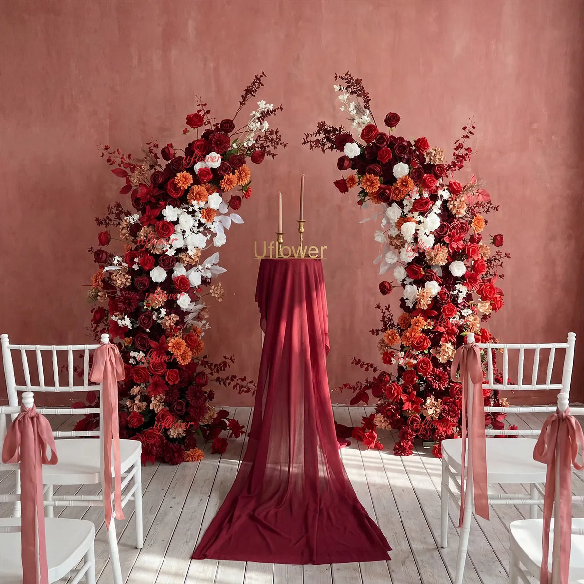 Uflower Autumn Red Rose Floral Horn Arch Wedding Party Backdrop Decor SET80134 - Uflower