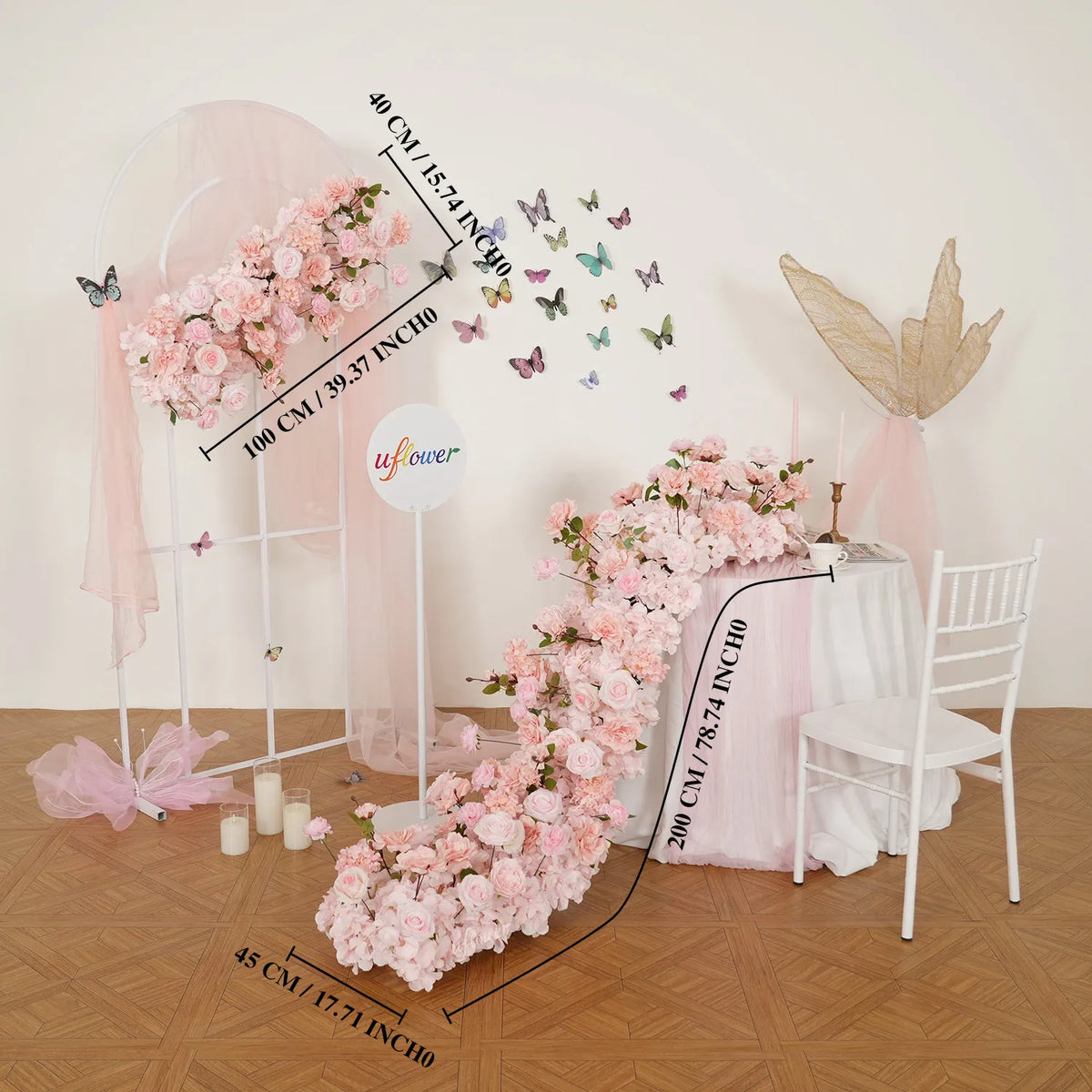 Chemin de table rose Uflower, décor floral de canapé, toile de fond de mariage SET80213