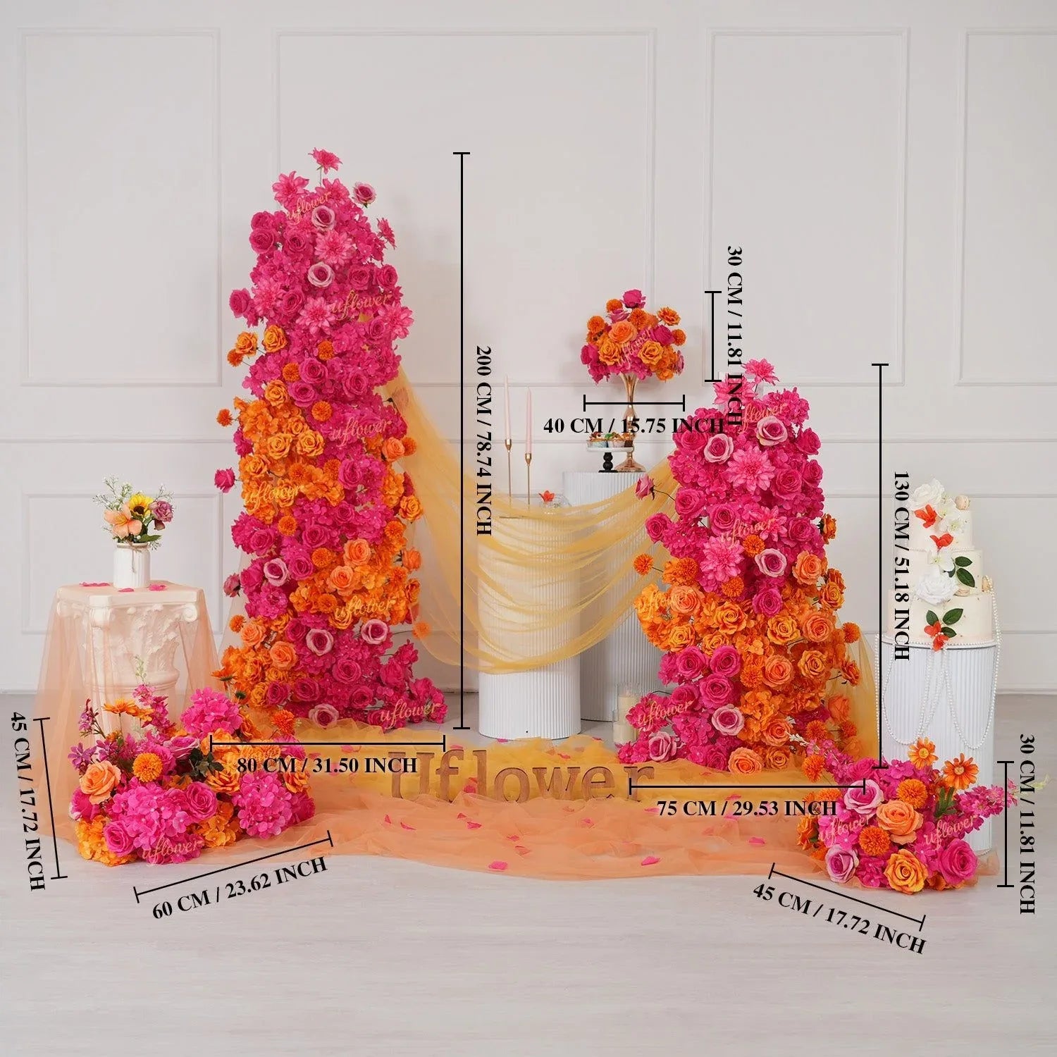 Uflower Rose Red Orange Flower Wedding Backdrop Arch Floral Arrangement SET80202 - Uflower