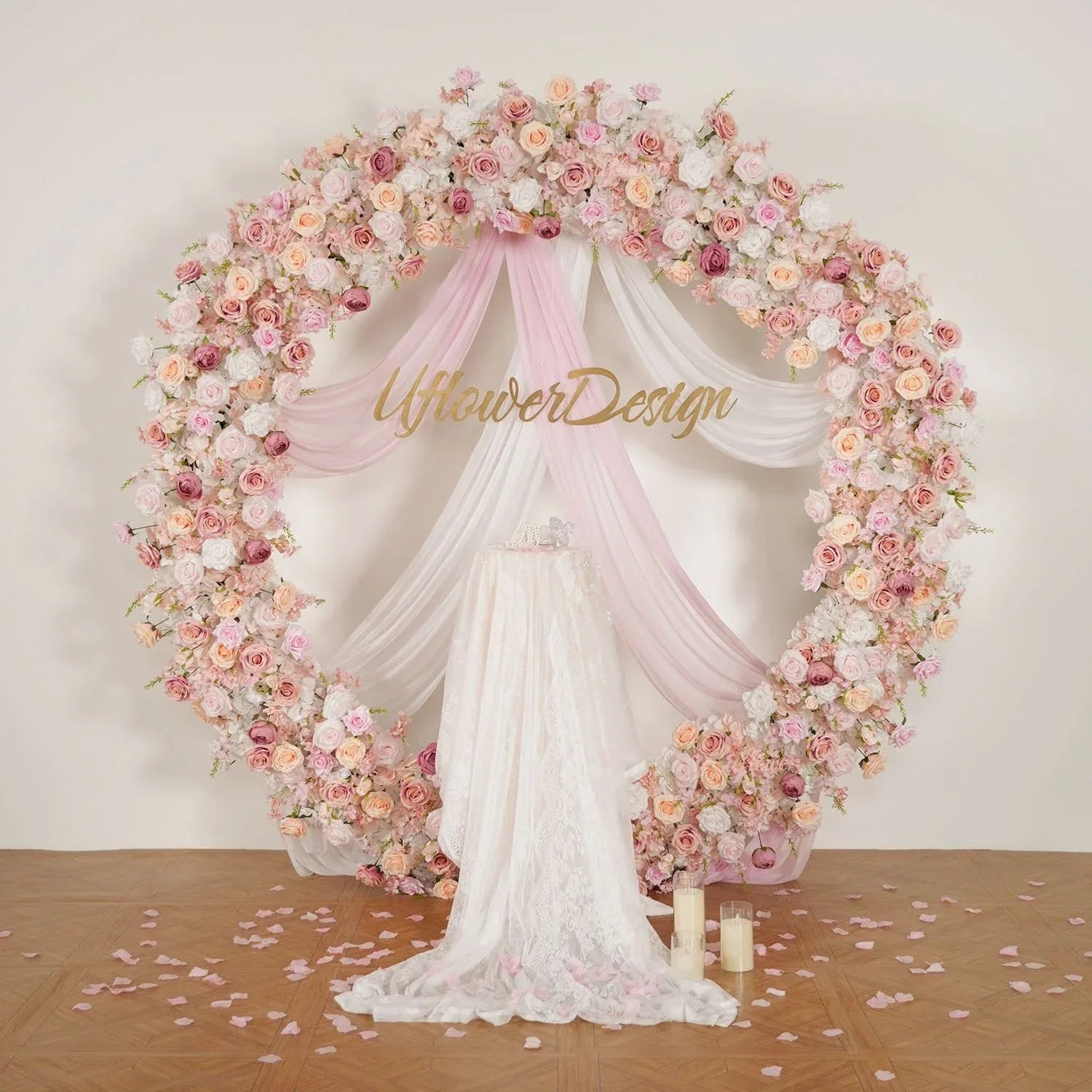 Uflower Pink White Rose Flower Arrangement Table Runner Wedding Round Arch SET80184 - Uflower