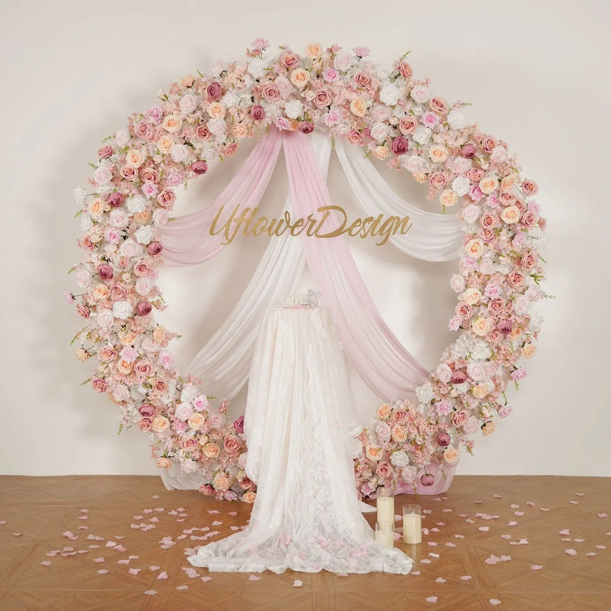 Uflower Pink White Rose Flower Arrangement Table Runner Wedding Round Arch SET80184 - Uflower