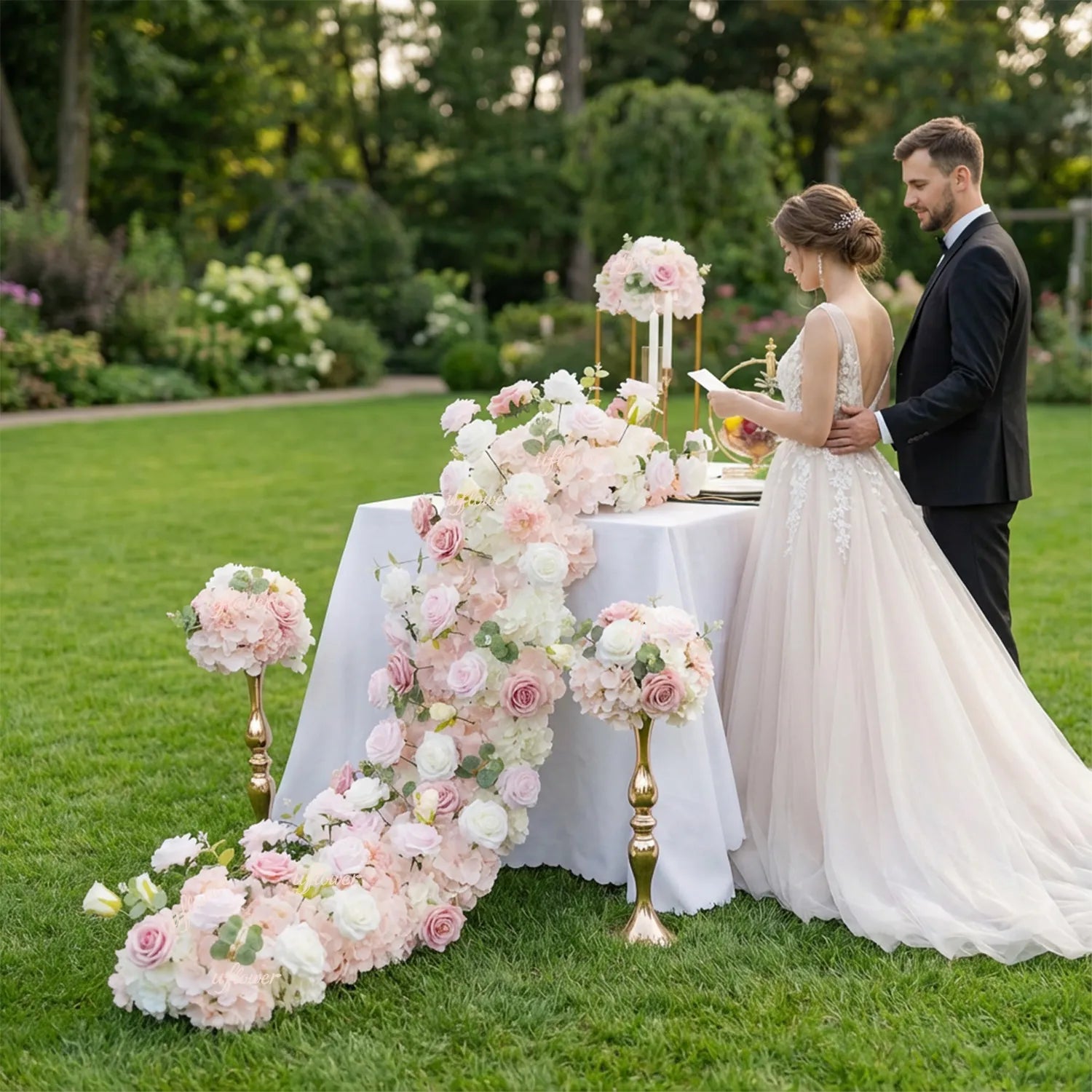 Uflower Pink Rose Table Runner Sofa Floral Wedding Backdrop Decor SET80096