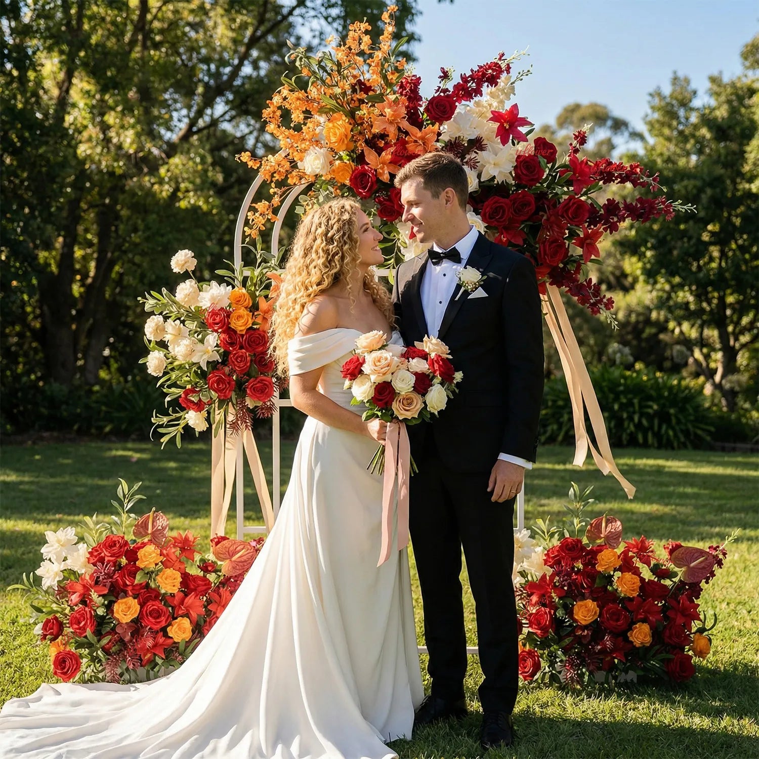 Uflower Red Orange  Flower Wedding Backdrop Arch Floral Arrangement SET80224