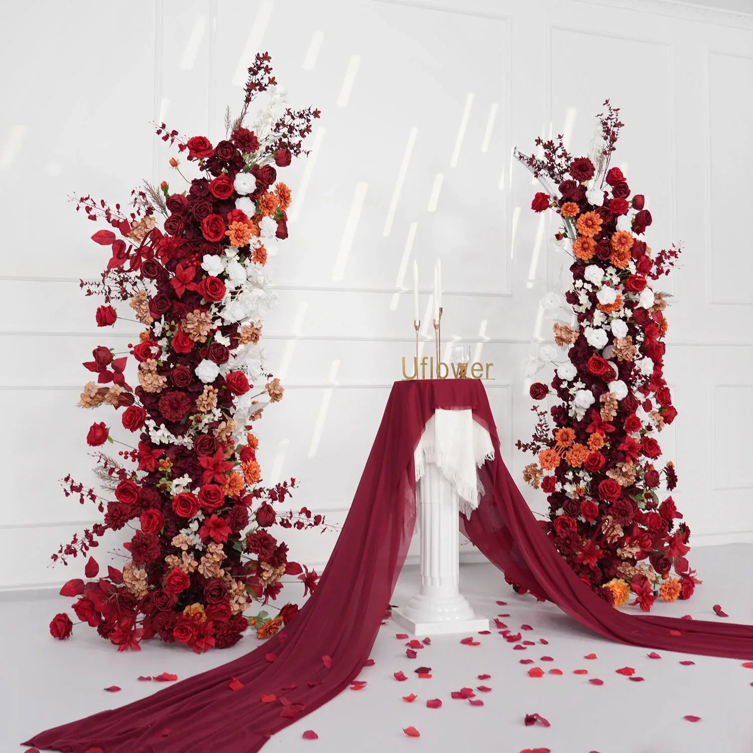 Uflower Autumn Red Rose Floral Horn Arch Wedding Party Backdrop Decor SET80134 - Uflower