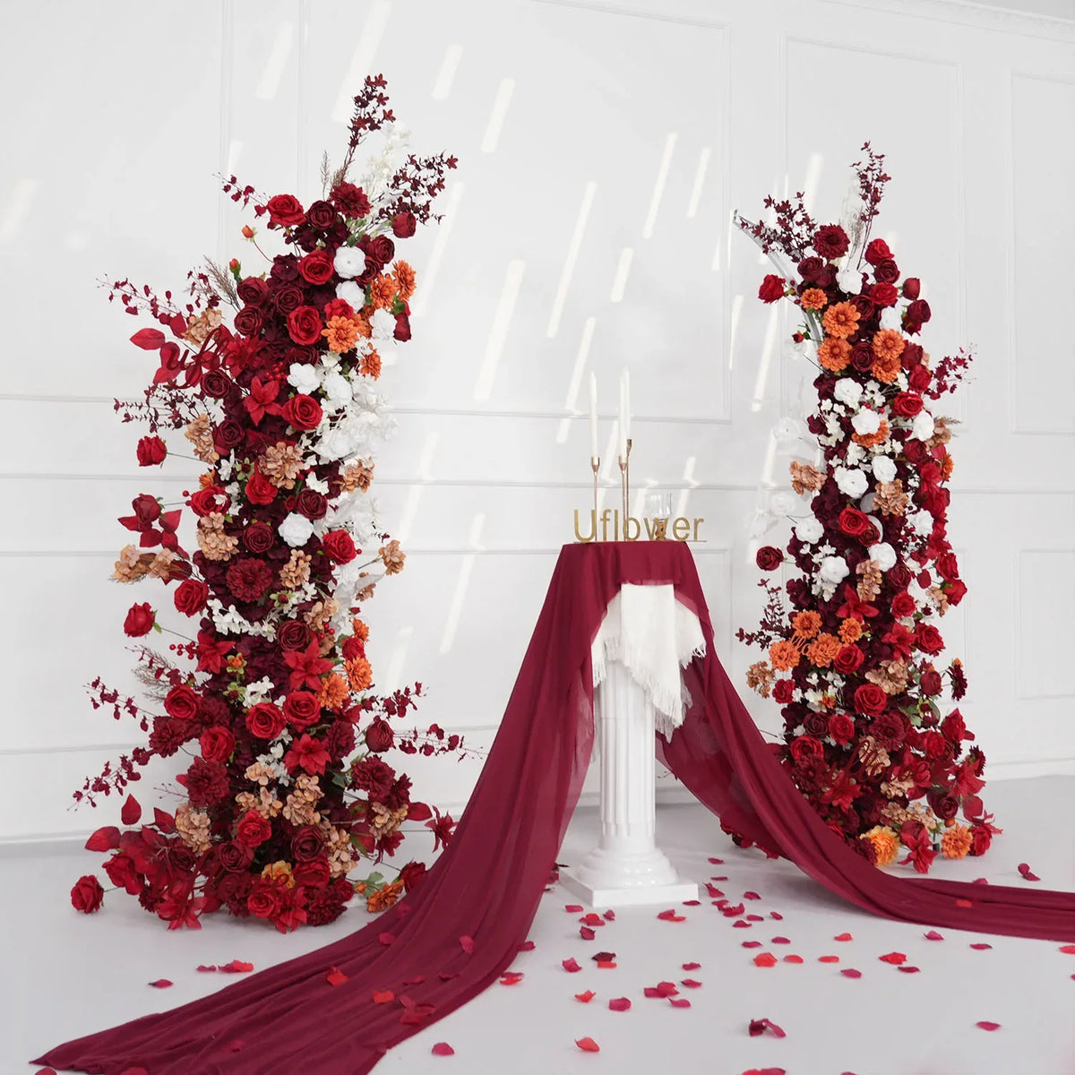 Uflower Autumn Red Rose Floral Horn Arch Wedding Party Backdrop Decor SET80134 - Uflower