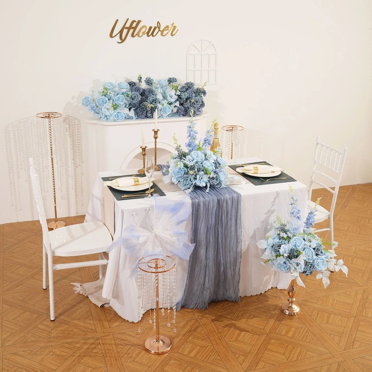 Uflower Smog-Blue Flower Row Decor KT Board Wedding Arrangement Props SET80178 - Uflower