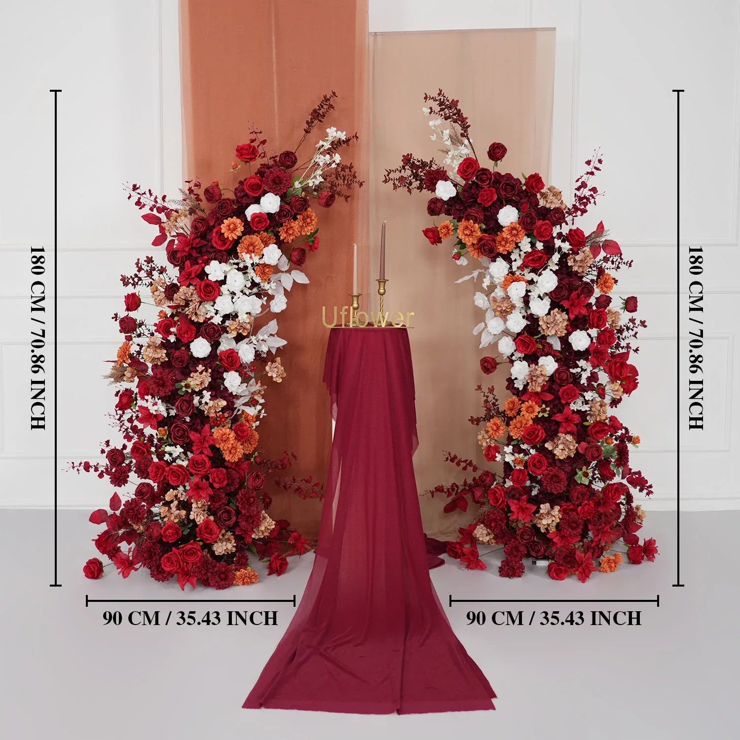Uflower Autumn Red Rose Floral Arrangement Horn Arch Wedding Backdrop Decor SET80134 - Uflower