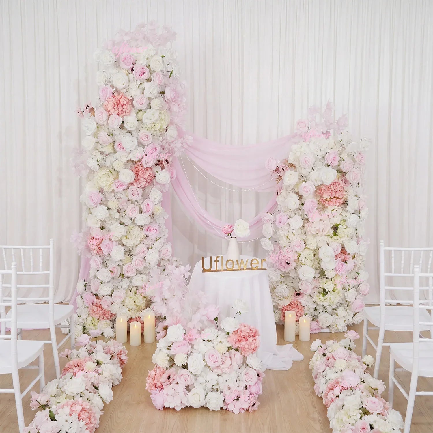 Uflower Artificial White Pink Rose Wedding KT Background Board Decor Flower Row SET80010 - Uflower