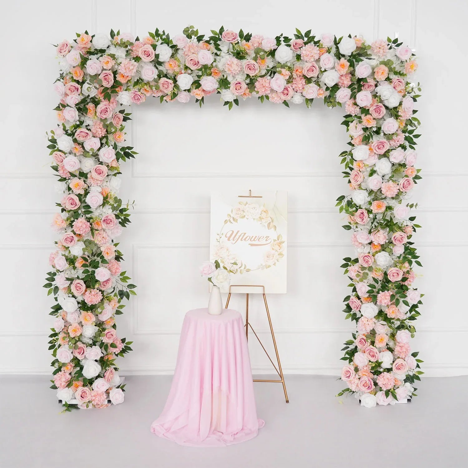 Uflower White Pink Rose Floral Square Arch Wedding Party Backdrop Deco