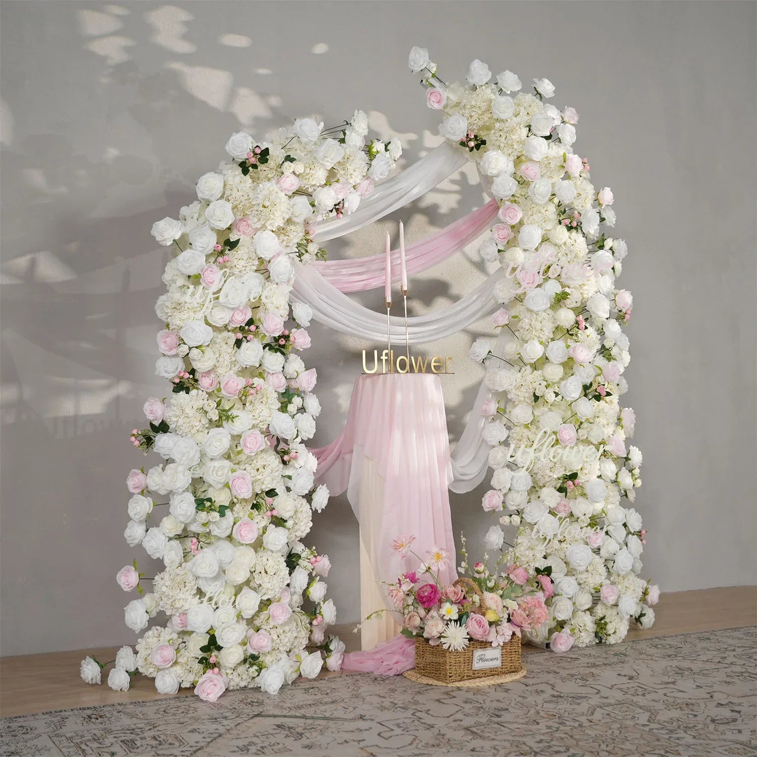 Uflower Pink White Rose Floral Horn Arch Wedding Party Backdrop Decor SET80143 - Uflower