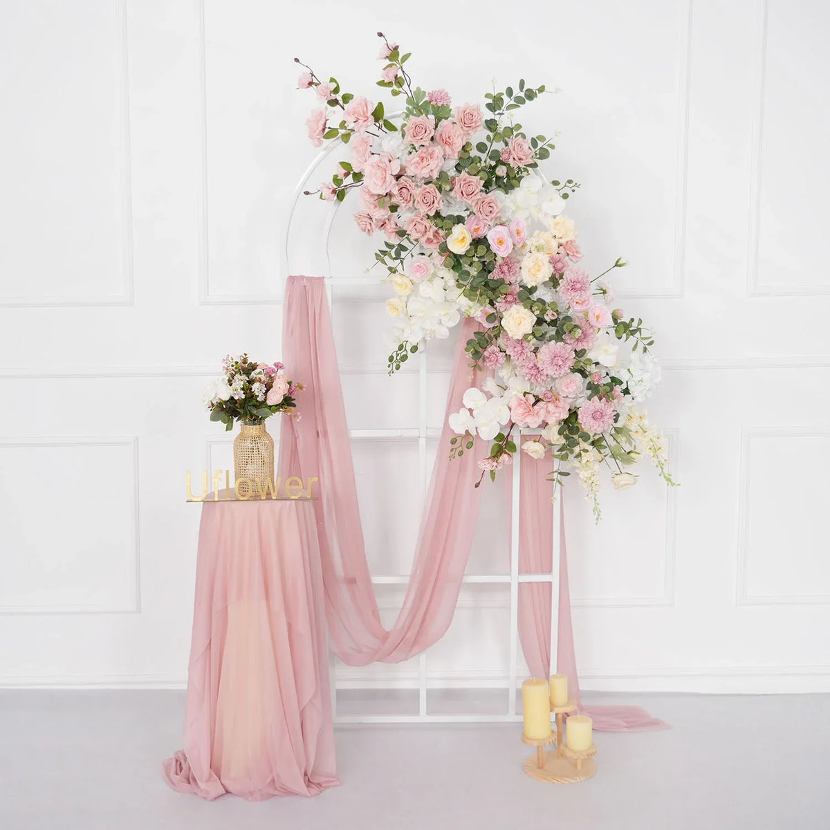 Uflower Artificial Pink Rose Green Leaf Flower Row Wedding KT Backdrop Decor MC80121-01 - Uflower