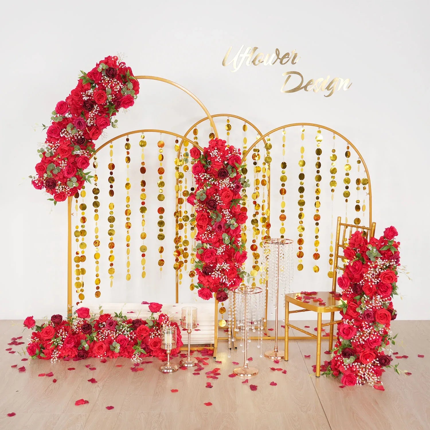 Uflower Artificial Red Rose Babysbreath Green Leaf Flower Row Wedding KT Backdrop Decor MC80131 - Uflower