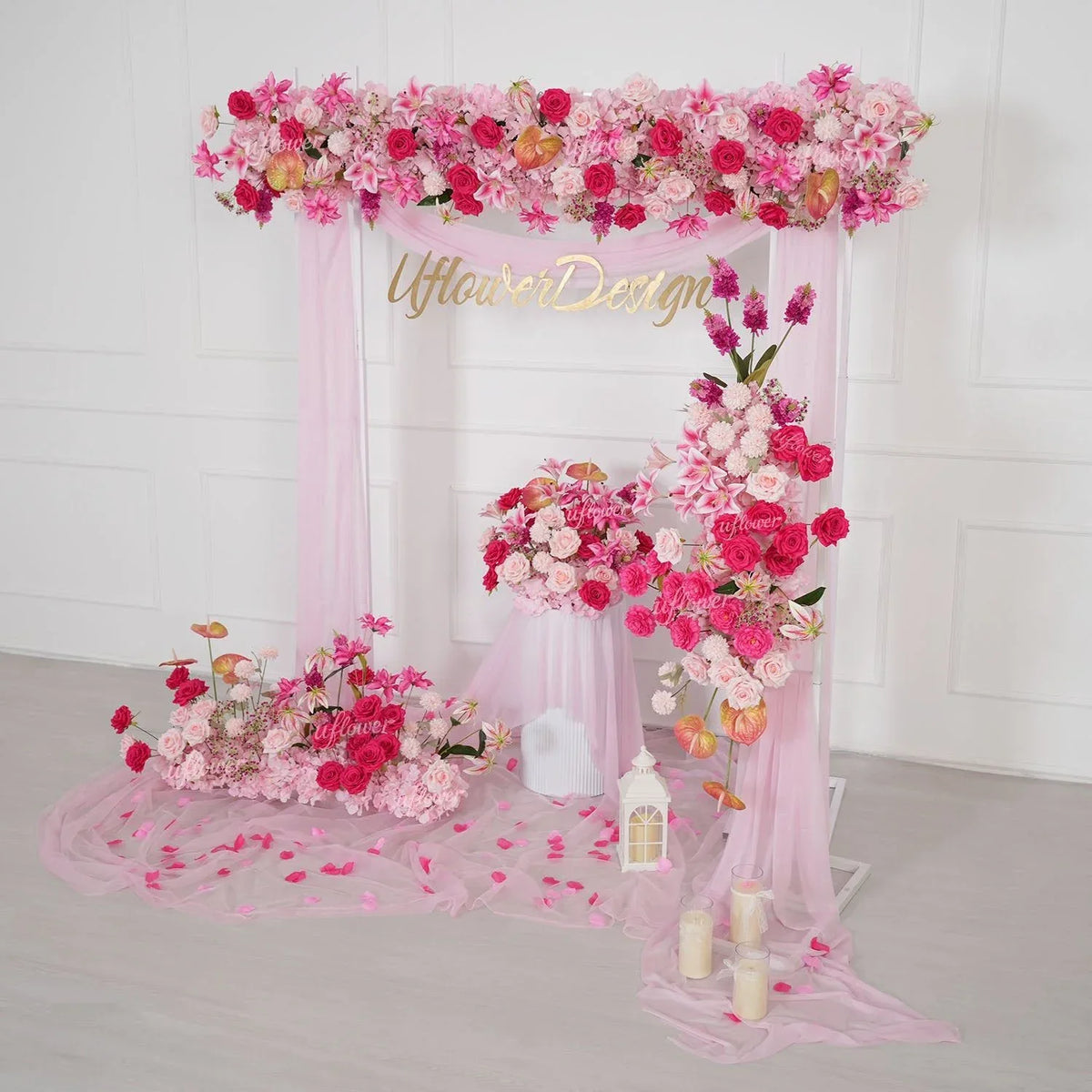Uflower Rose Pink Floral Arrangement Wedding Backdrop Floral Props SET