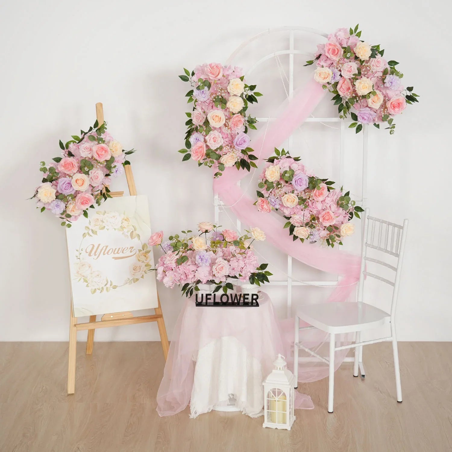 Uflower Artificial Pink Purple Rose Green Leaf Flower Row Wedding KT Backdrop Decor MC80139-01 - Uflower