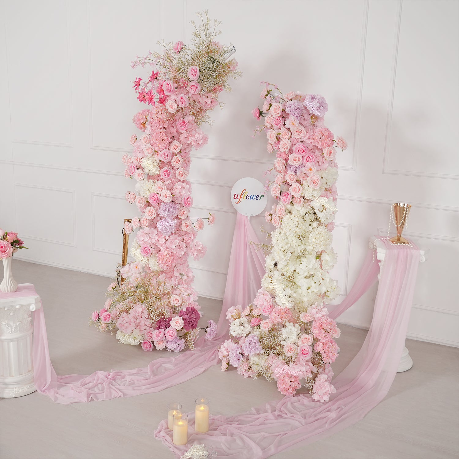 Uflower Pink White Floral Horn Arch Wedding Party Backdrop Decor SET80238