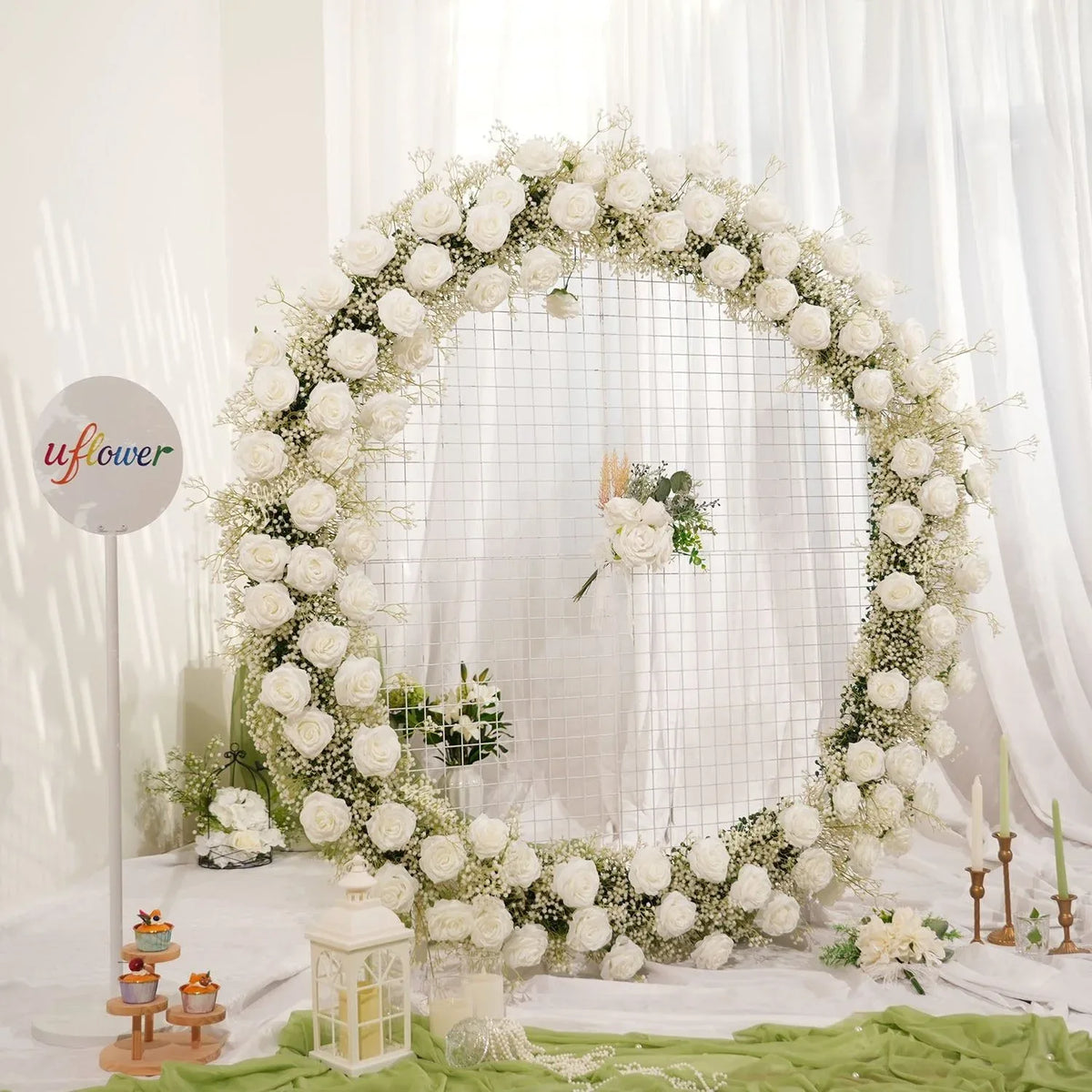 Uflower Baby's Breath Flower Arrangement Table Runner Round Arch SET80167 - Uflower