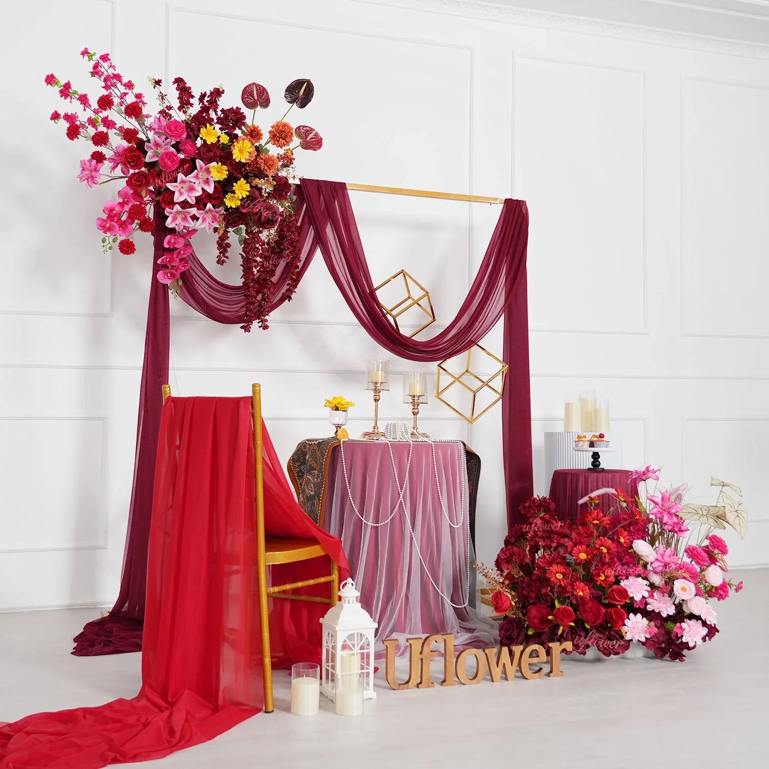 Uflower Red Pink Flower Arrangement Wedding Party Backdrop Floral Props SET80190 - Uflower