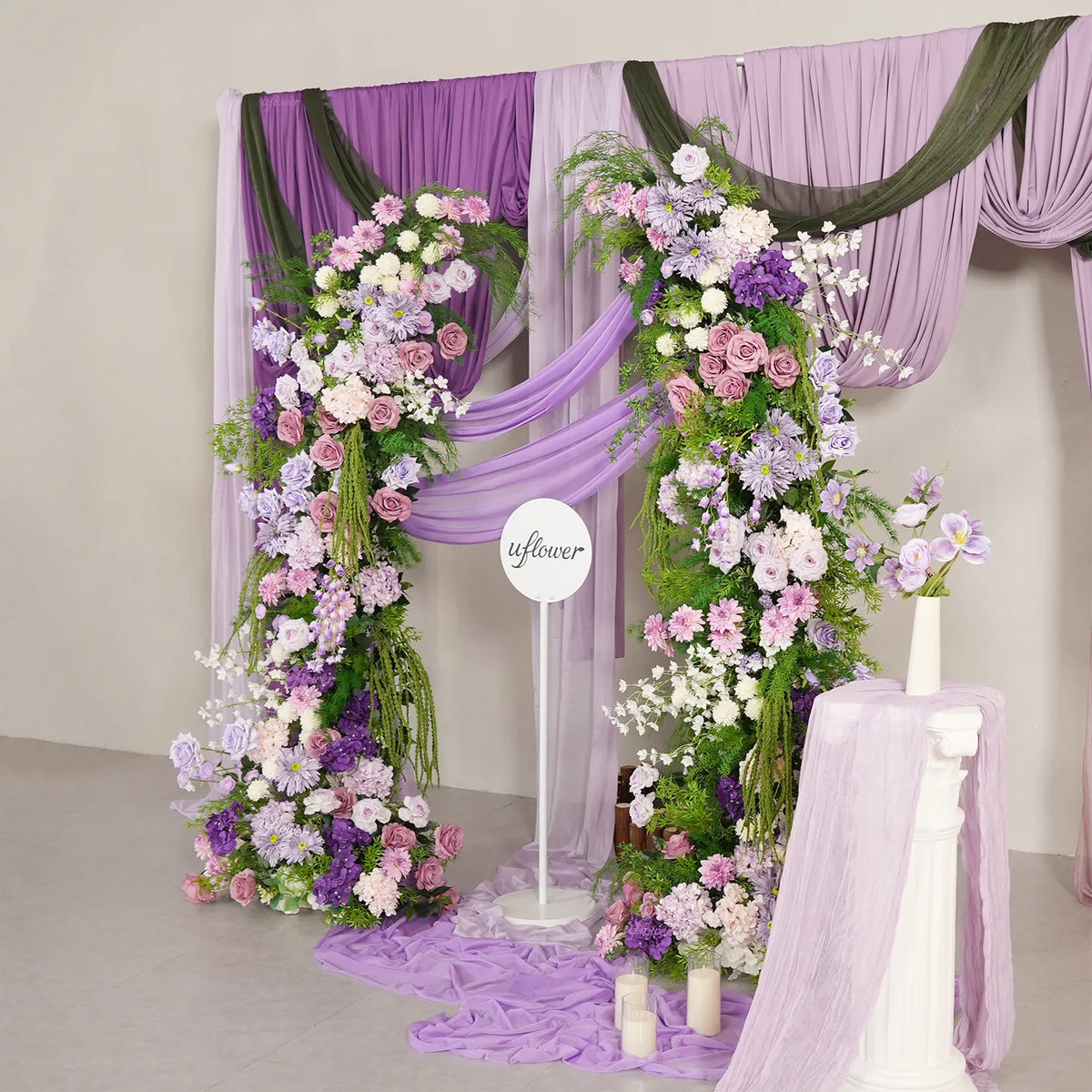 Uflower Purple Floral Greenery Arrangement Horn Arch Wedding Backdrop