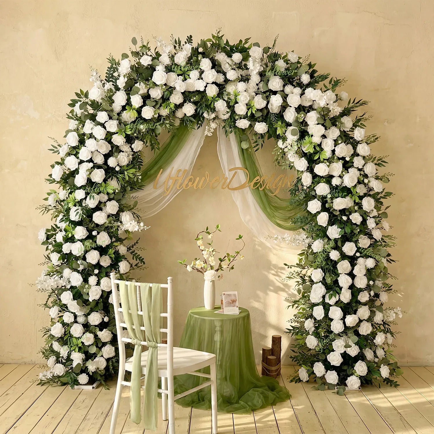 Uflower White Rose Green Leaf Floral Row Decor Wedding Backdrop Door Arch SET80147 - Uflower
