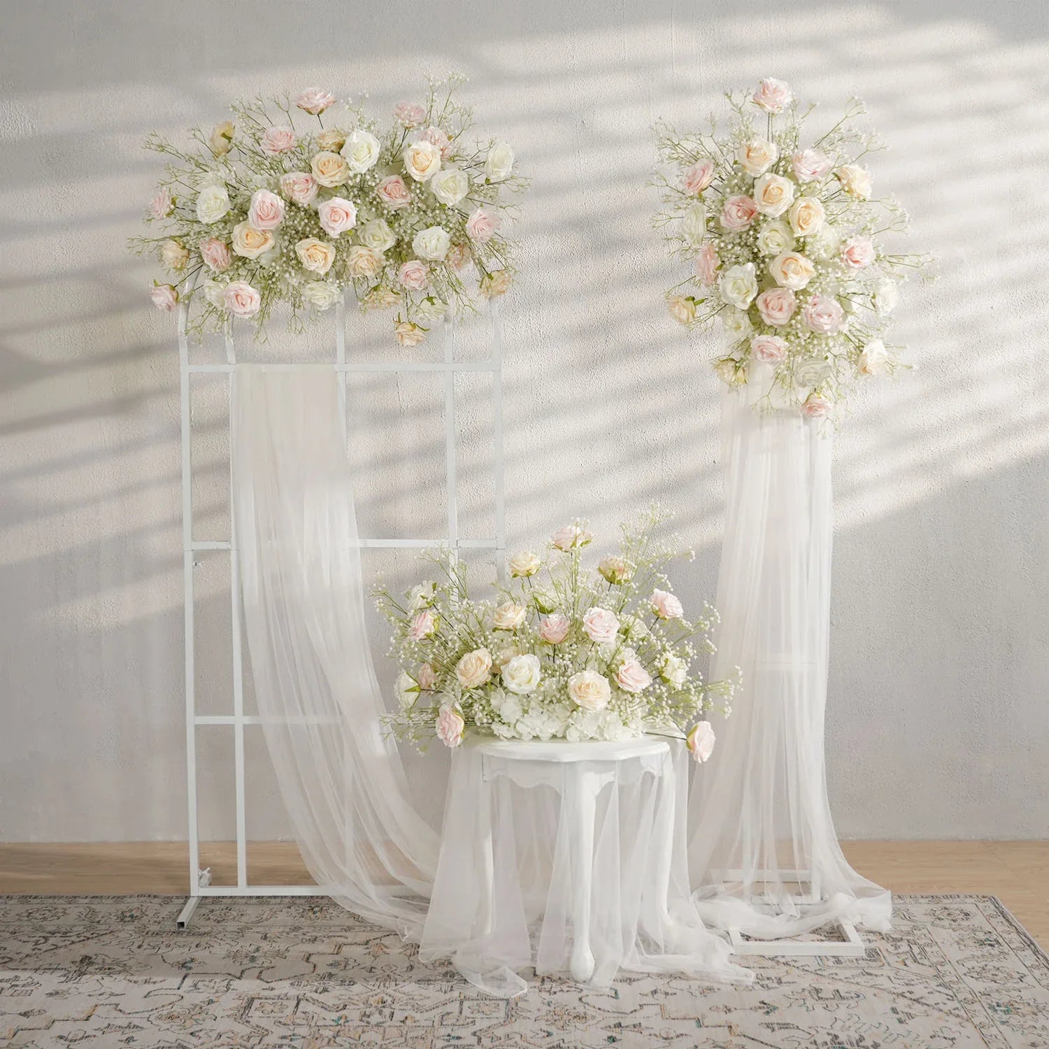 Uflower Champagne White Babysbreath Rose Arrangement Wedding KT Backdrop Decor SET80131 - Uflower