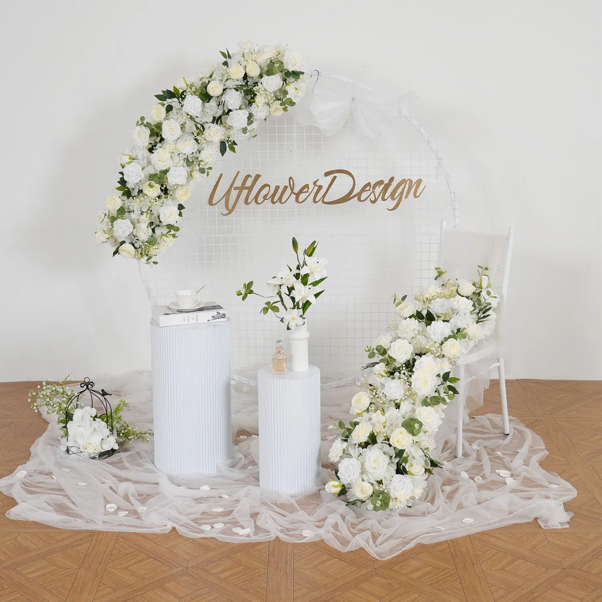 Uflower White Floral Arrangement Wedding Arch Backdrop Party Flower Row Decor MC80115-01