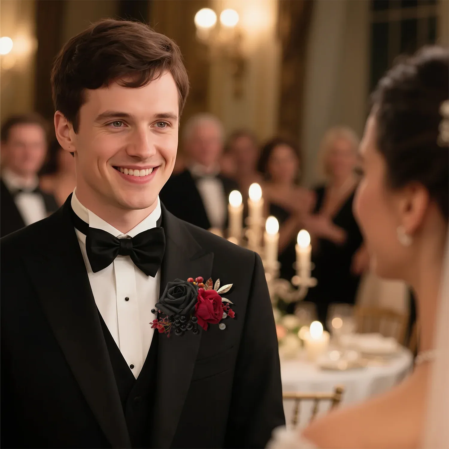 Uflower Black Burgundy Bride Bouquet Wrist Corsage Groom Boutonniere Set Wedding Event Supplies SET80080-11 - Uflower