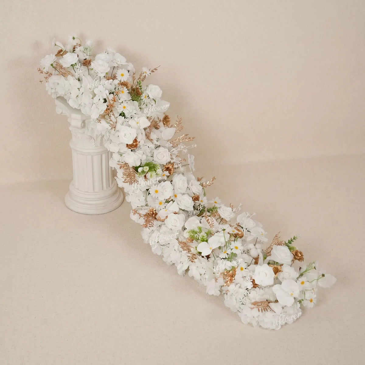 Uflower White Gold Floral Row Wedding & Party Table Runner Decor MC80314-01