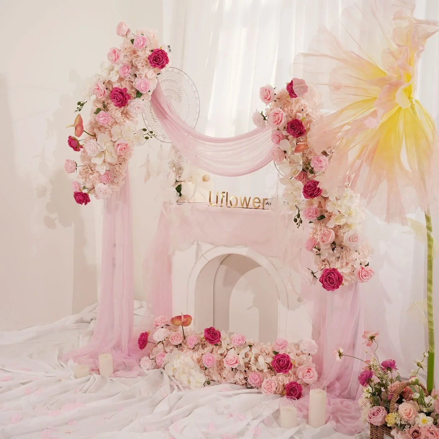 Uflower Pink Floral Arrangement Wedding Arch Backdrop Party Flower Row Decor SET80169 - Uflower