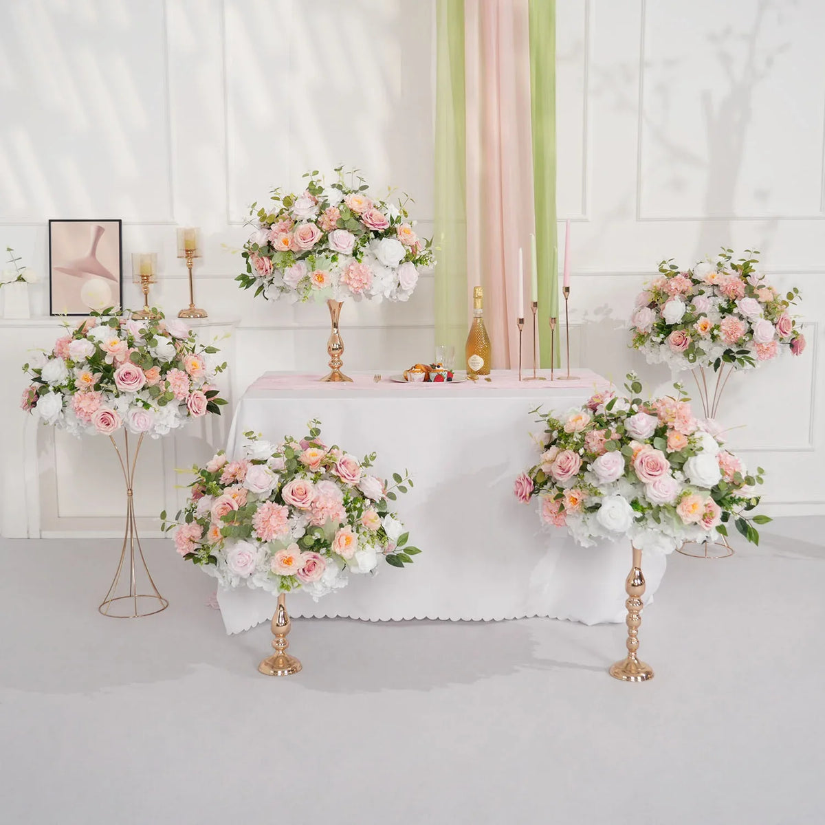 Uflower Pink White Rose Green Leaf Table Centerpieces Floral Ball Wedding Decoration MB80070 - Uflower