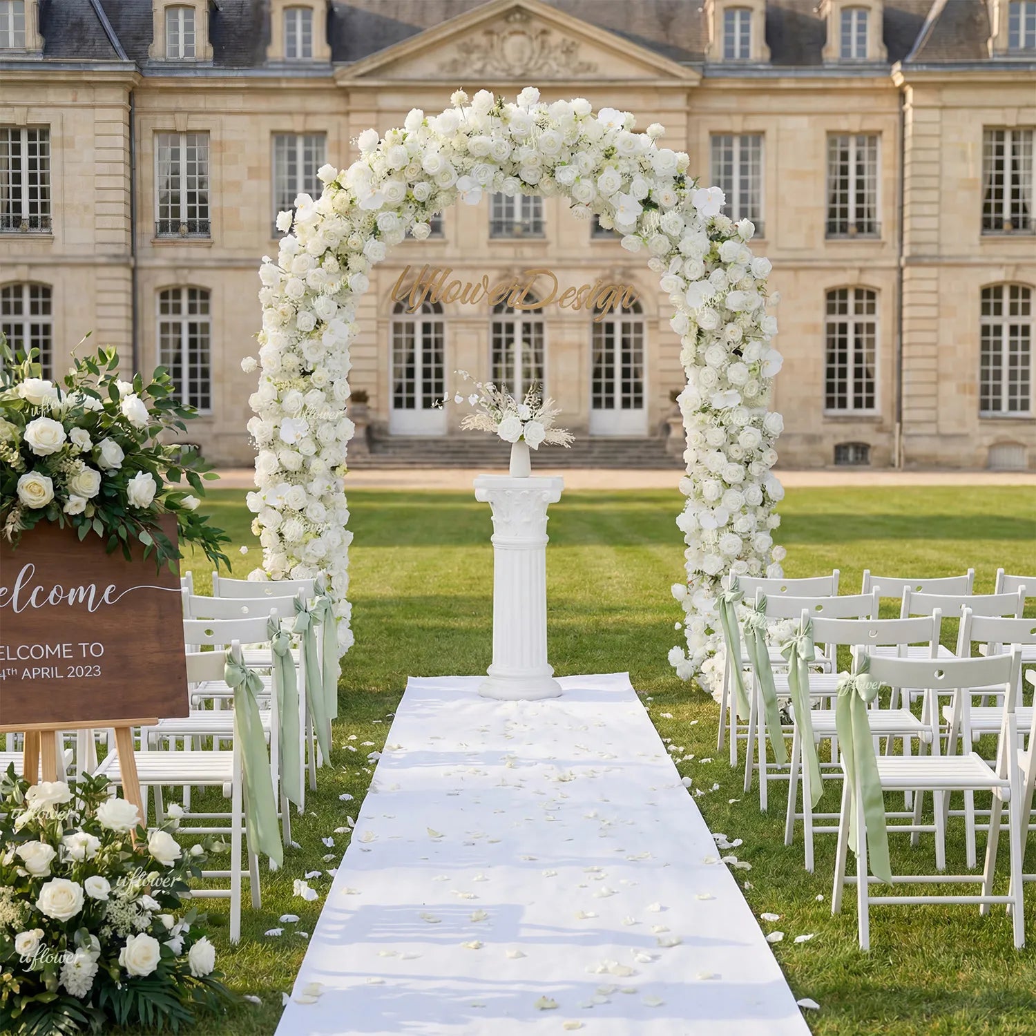 Uflower White Rose Floral Row Decor Wedding Backdrop Door Arch SET80218
