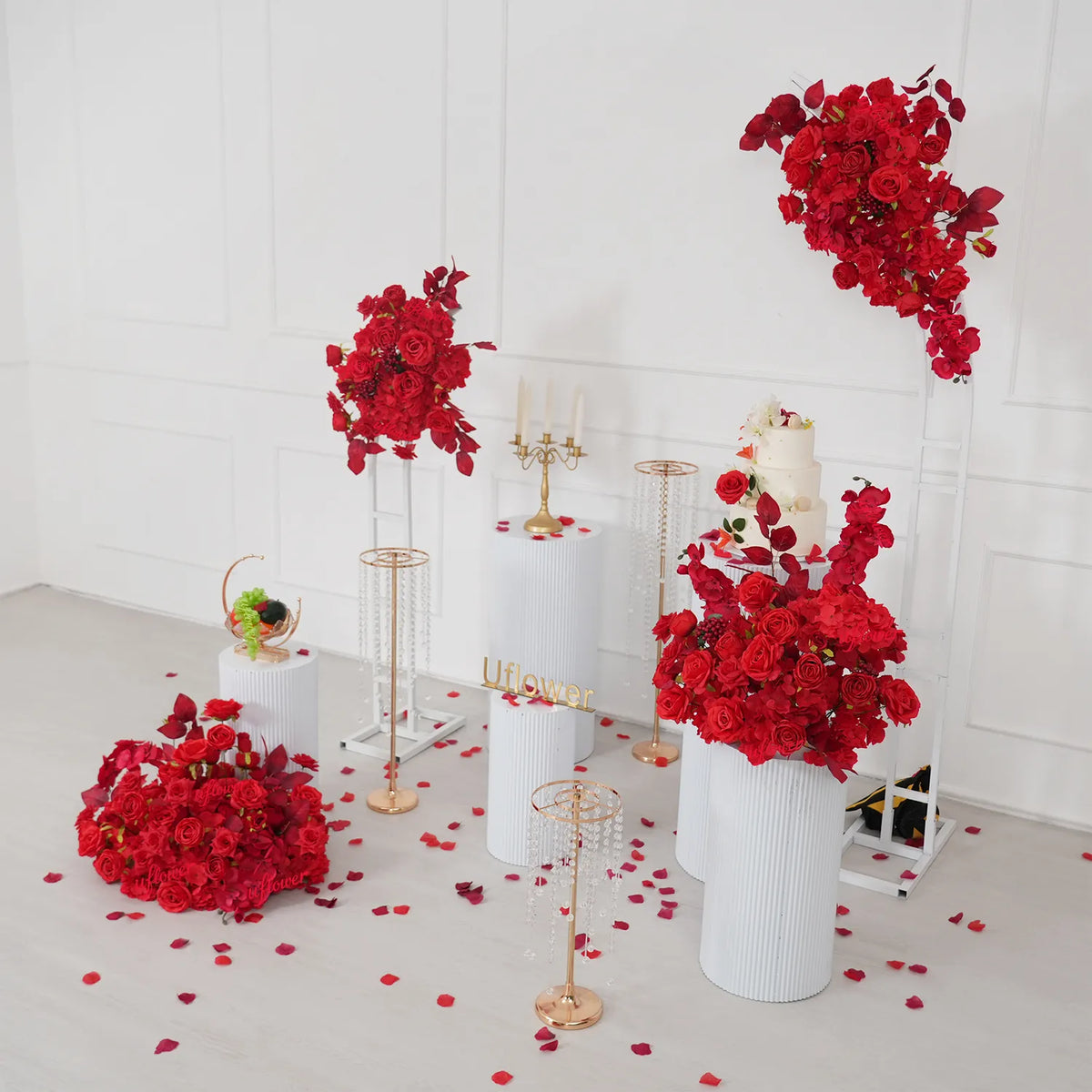 Uflower Rose Rouge Artificielle Mariage KT Toile de Fond Décoration Rangée de Fleurs SET80203