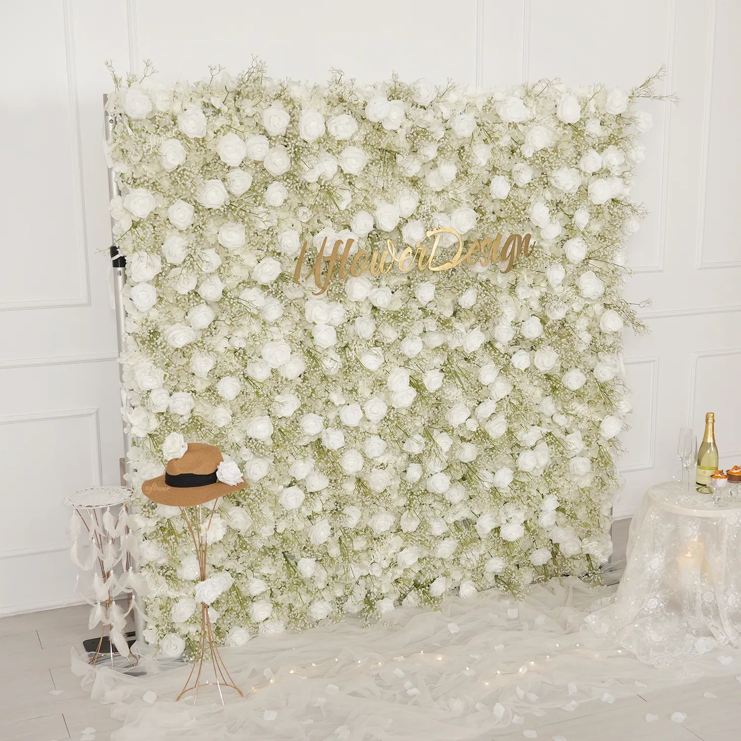 Uflower White Rose Baby's Breath Flower Wall Wedding Party Proposal Decor SET80226