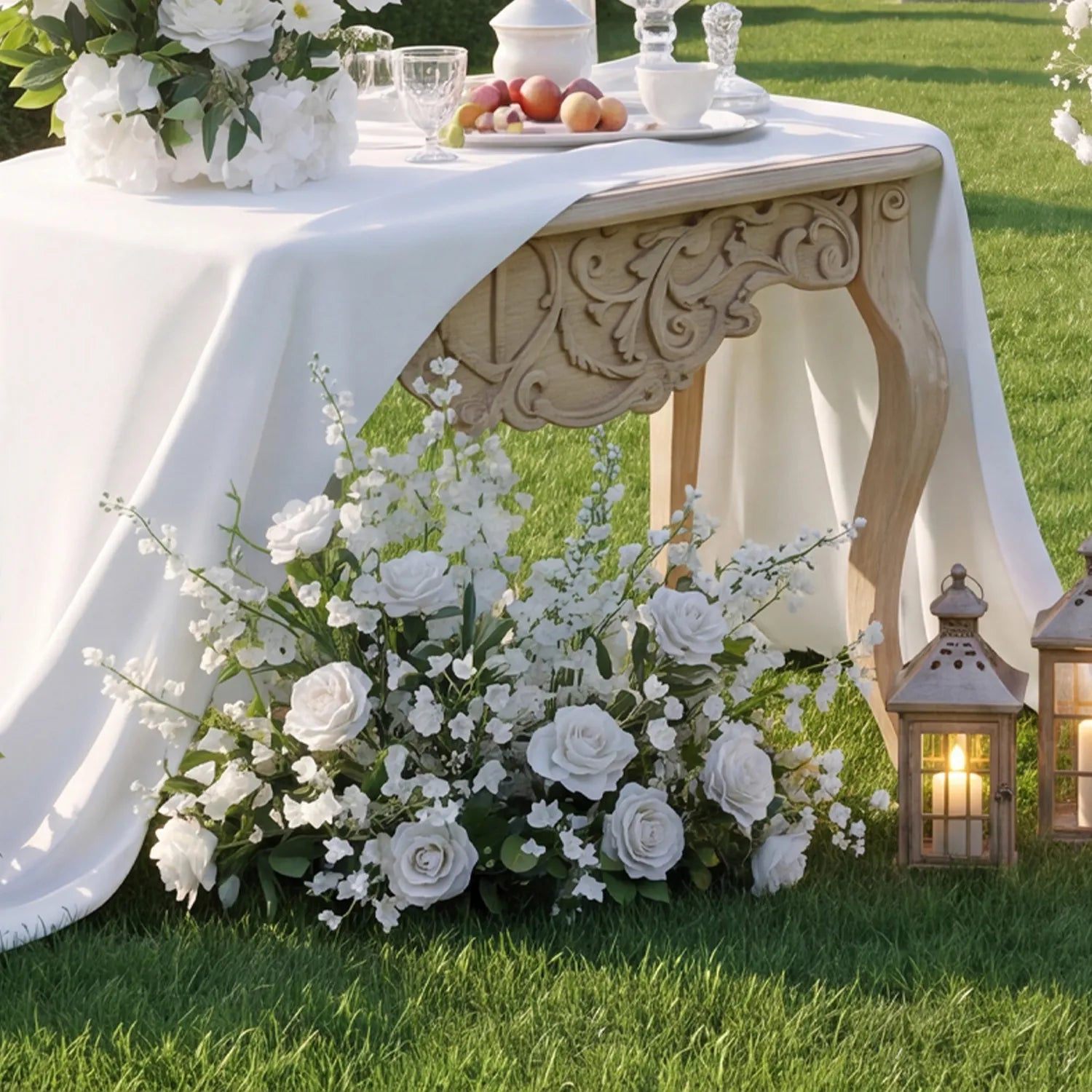 White & Green Curated Garden Wedding Decor | Arch, Ground Flowers & Table Flowers