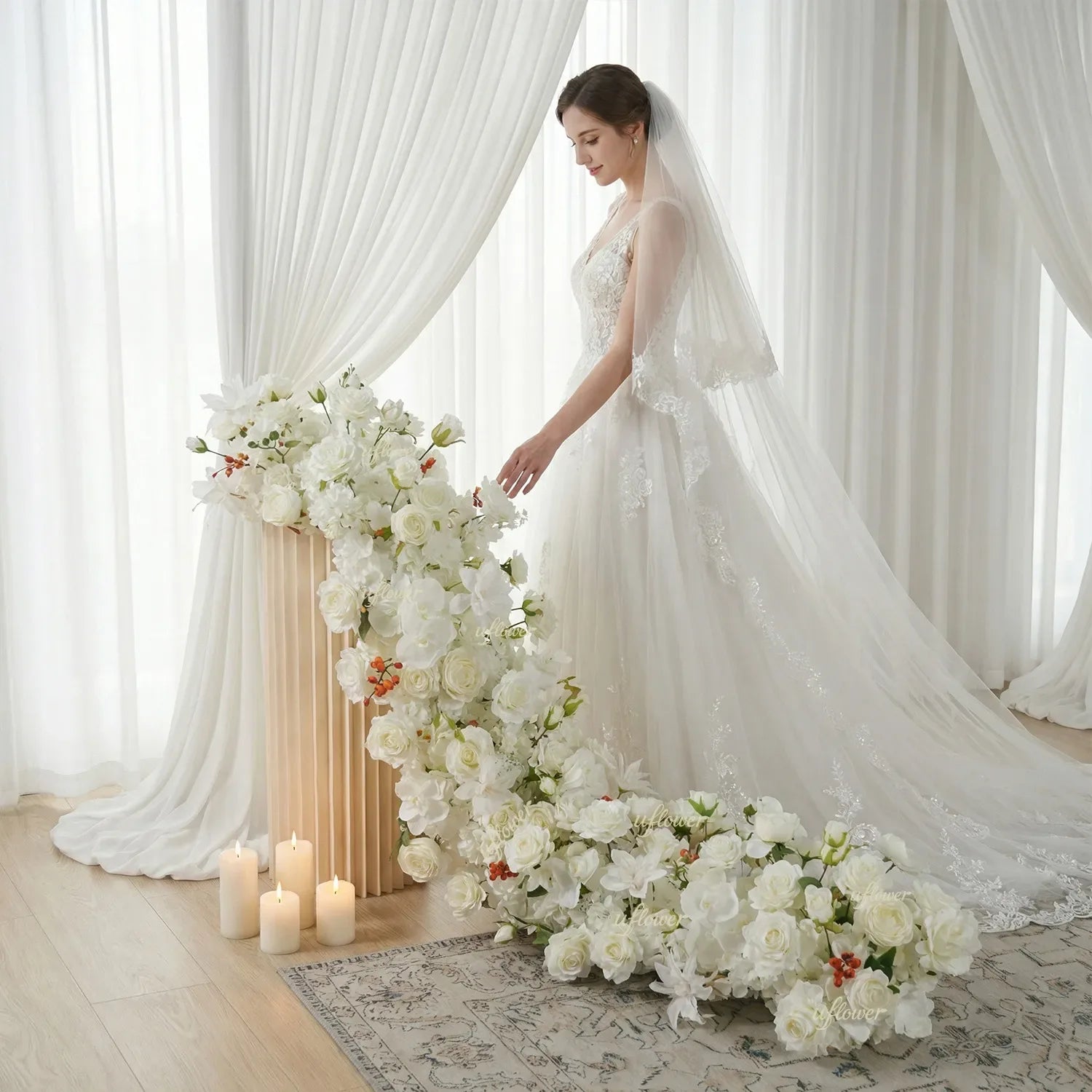 Uflower White Rose Table Runner Sofa Floral Wedding Backdrop Decor SET