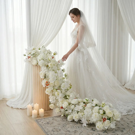 Uflower White Rose Table Runner Sofa Floral Wedding Backdrop Decor SET80146 - Uflower