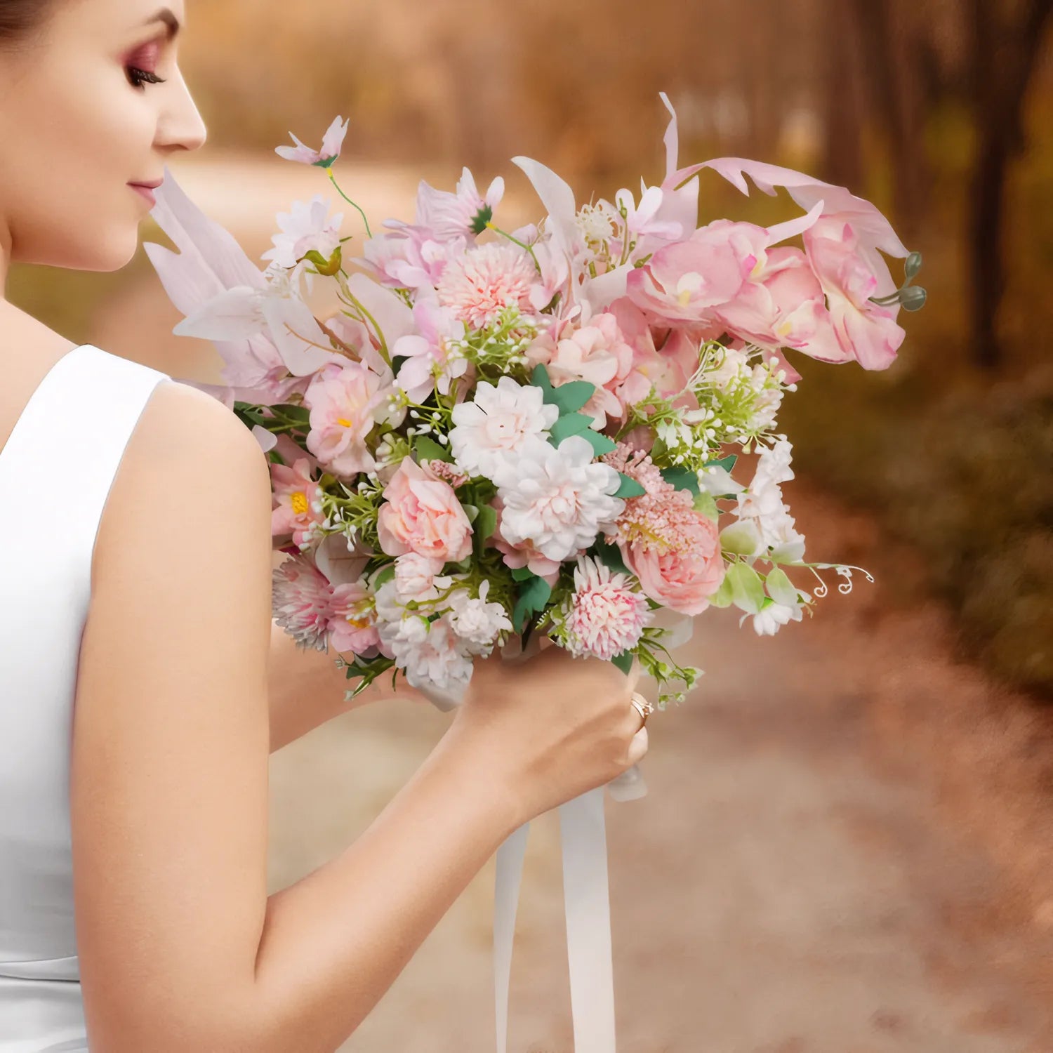 Uflower Pink White Series Bride Bouquet Wrist Corsage Groom Boutonniere Wedding Event Supplies SET80080-09