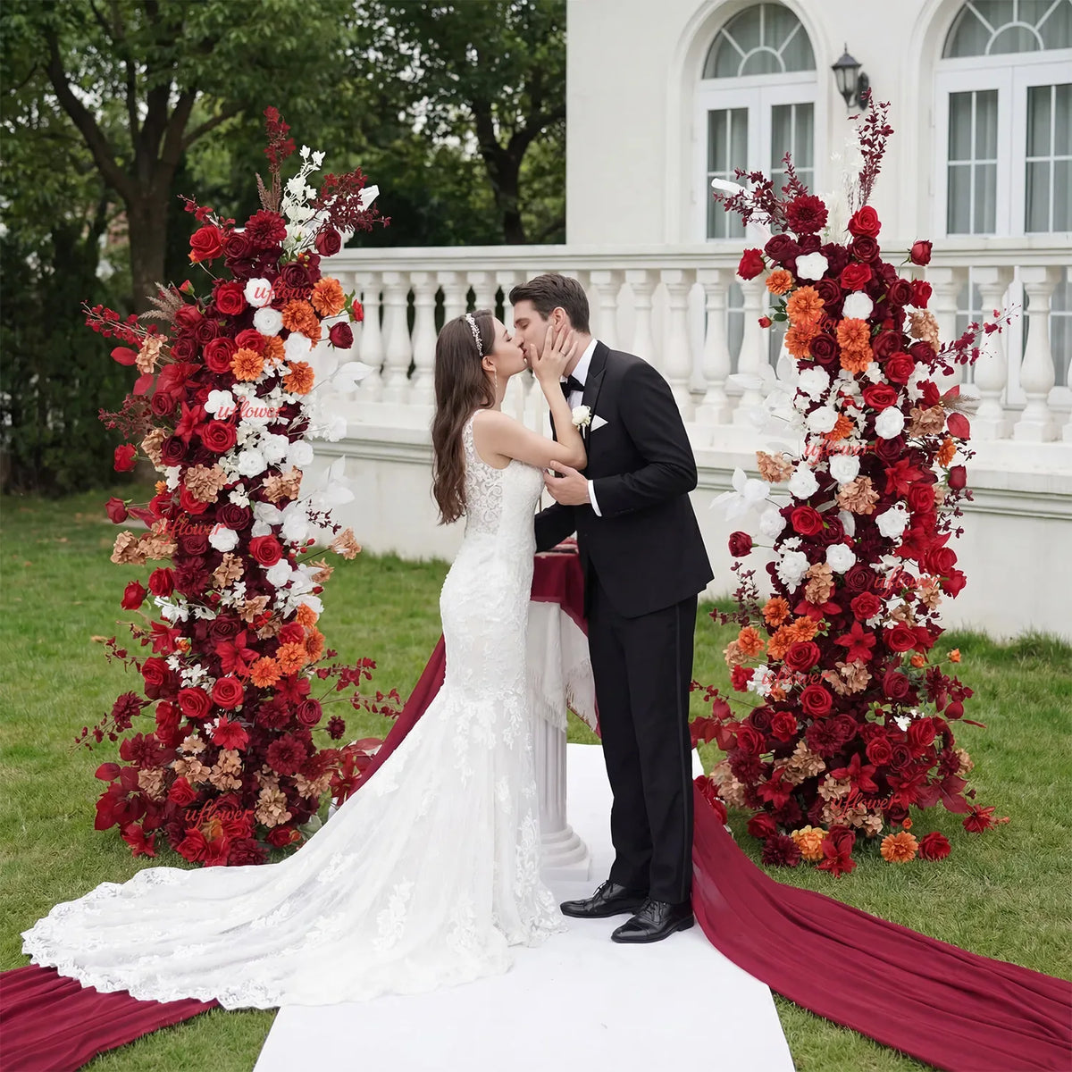 Uflower Autumn Red Rose Floral Horn Arch Wedding Party Backdrop Decor SET80134 - Uflower